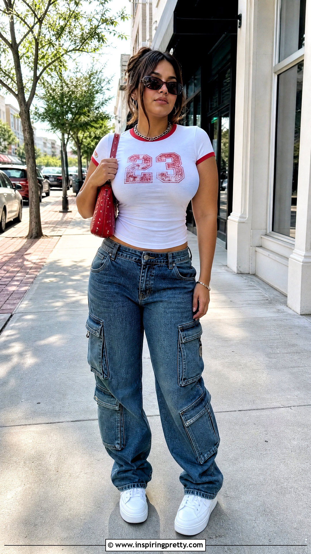 Y K Ringer Tee And Cargo Jeans Outfit - 50 y2k tops outfit ideas