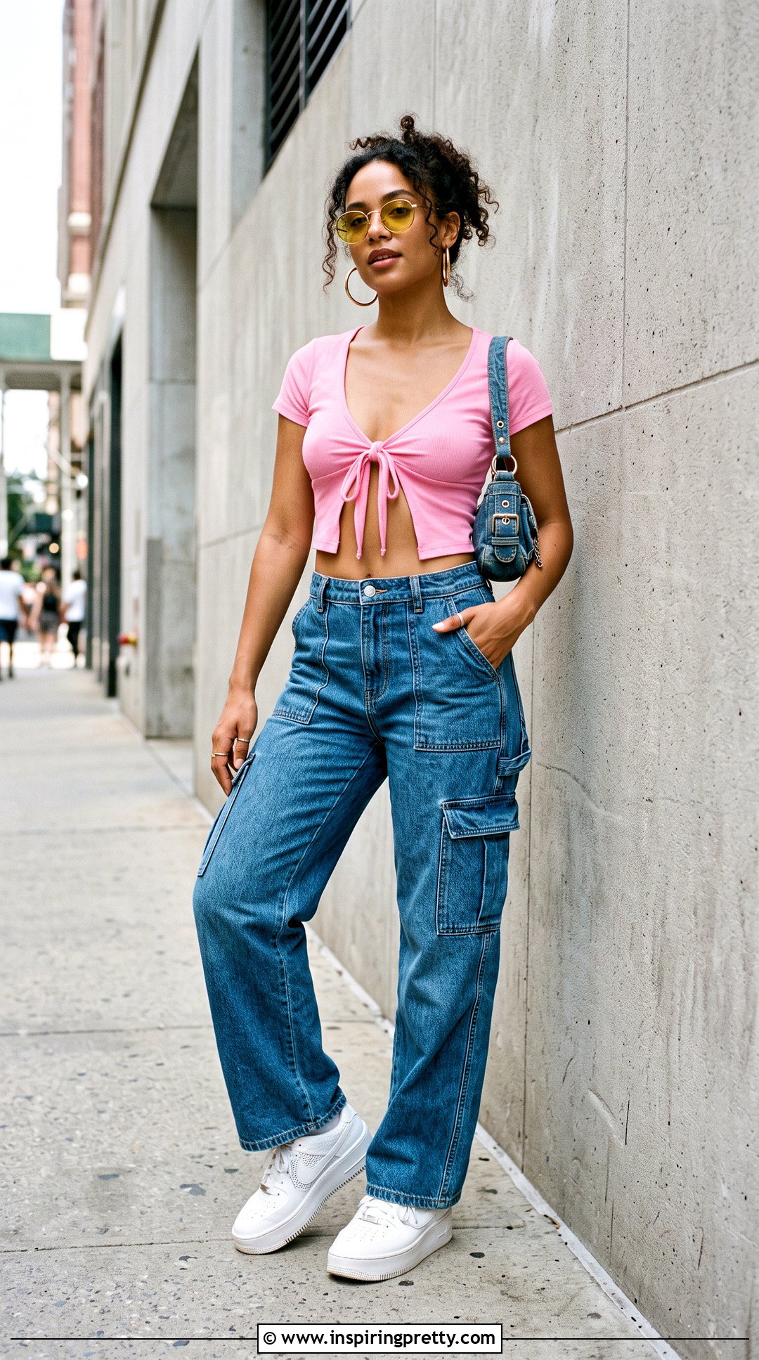 Y K Tie Front Crop Top With Cargo Jeans - 50 y2k crop top outfit ideas