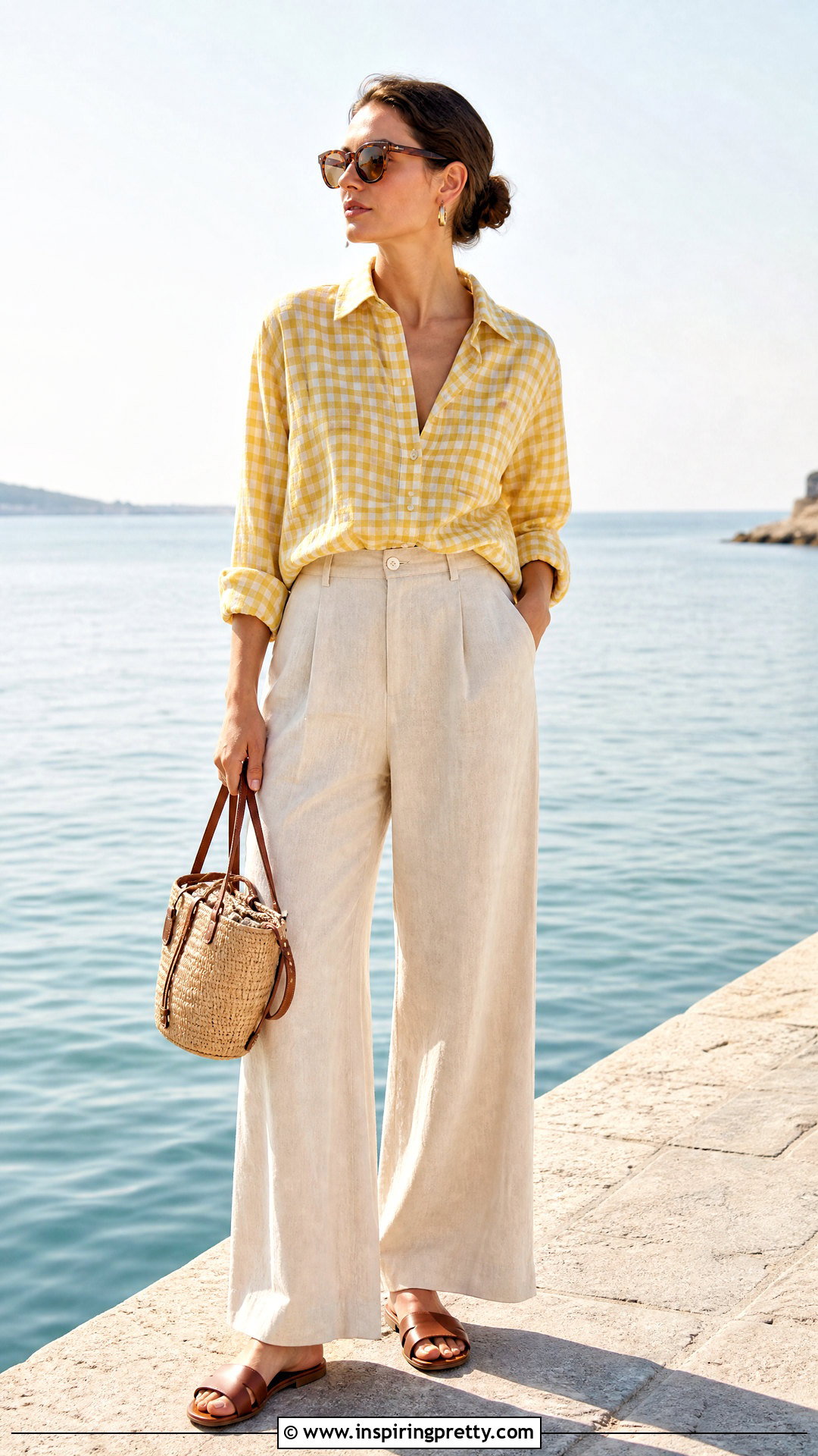 Yellow And White Checkered Top With Beige Linen Pants - 20 yellow and white checkered top outfit ideas