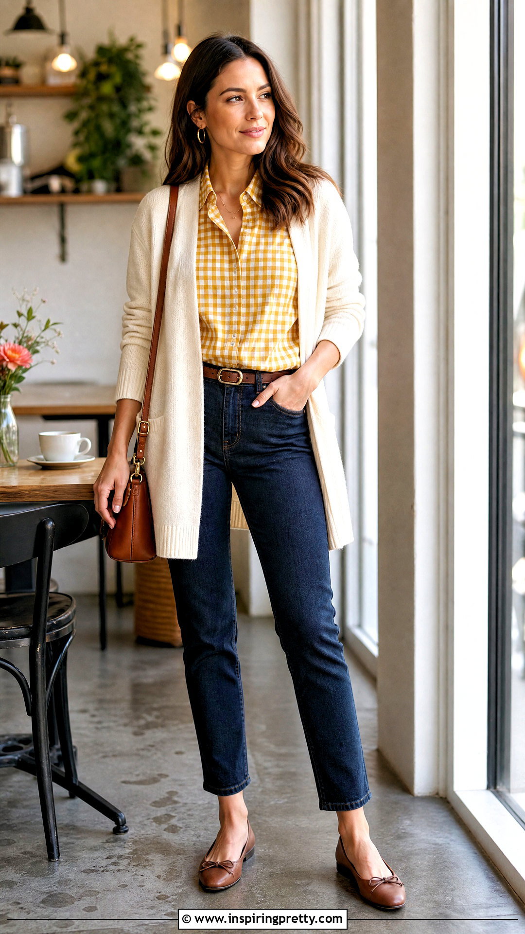 Yellow And White Checkered Top With Cardigan And Ankle Jeans - 20 yellow and white checkered top outfit ideas