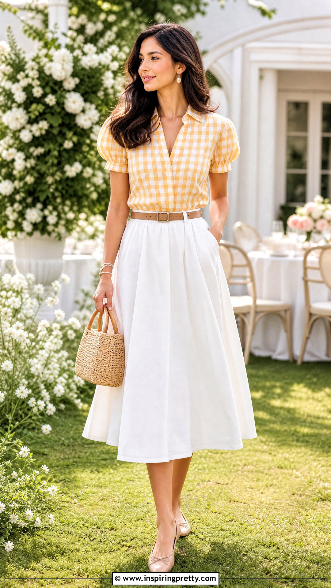 Yellow And White Checkered Top With White Midi Skirt - 20 yellow and white checkered top outfit ideas