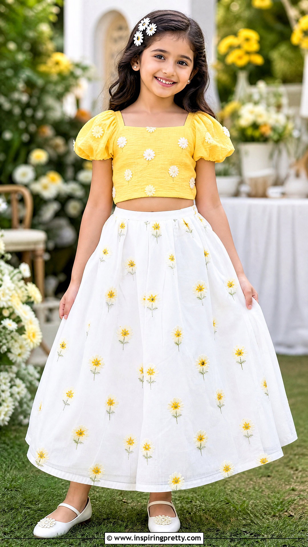 Yellow And White Daisy Kids Crop Top Lehenga - 50 kids crop top lehenga designs