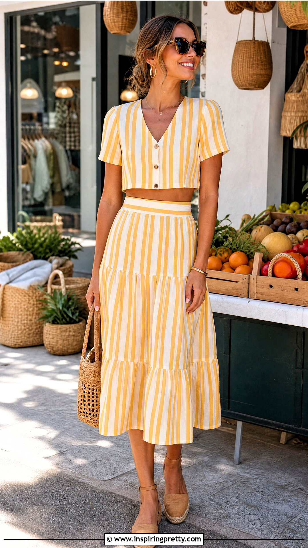 Yellow And White Striped Crop Top And Skirt Set - 20 Striped Crop Top And Skirt Sets