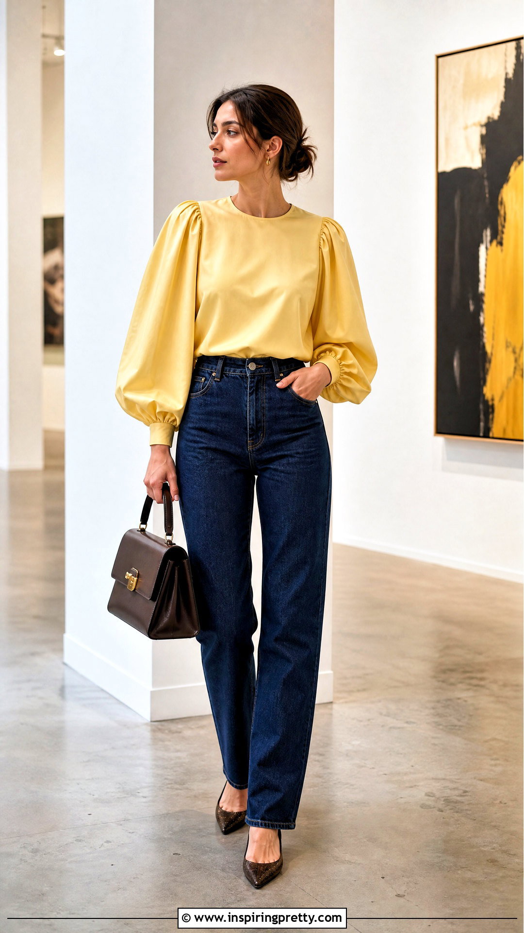 Yellow Balloon Sleeve Top And Straight Jeans - 50 yellow top and jeans outfit ideas
