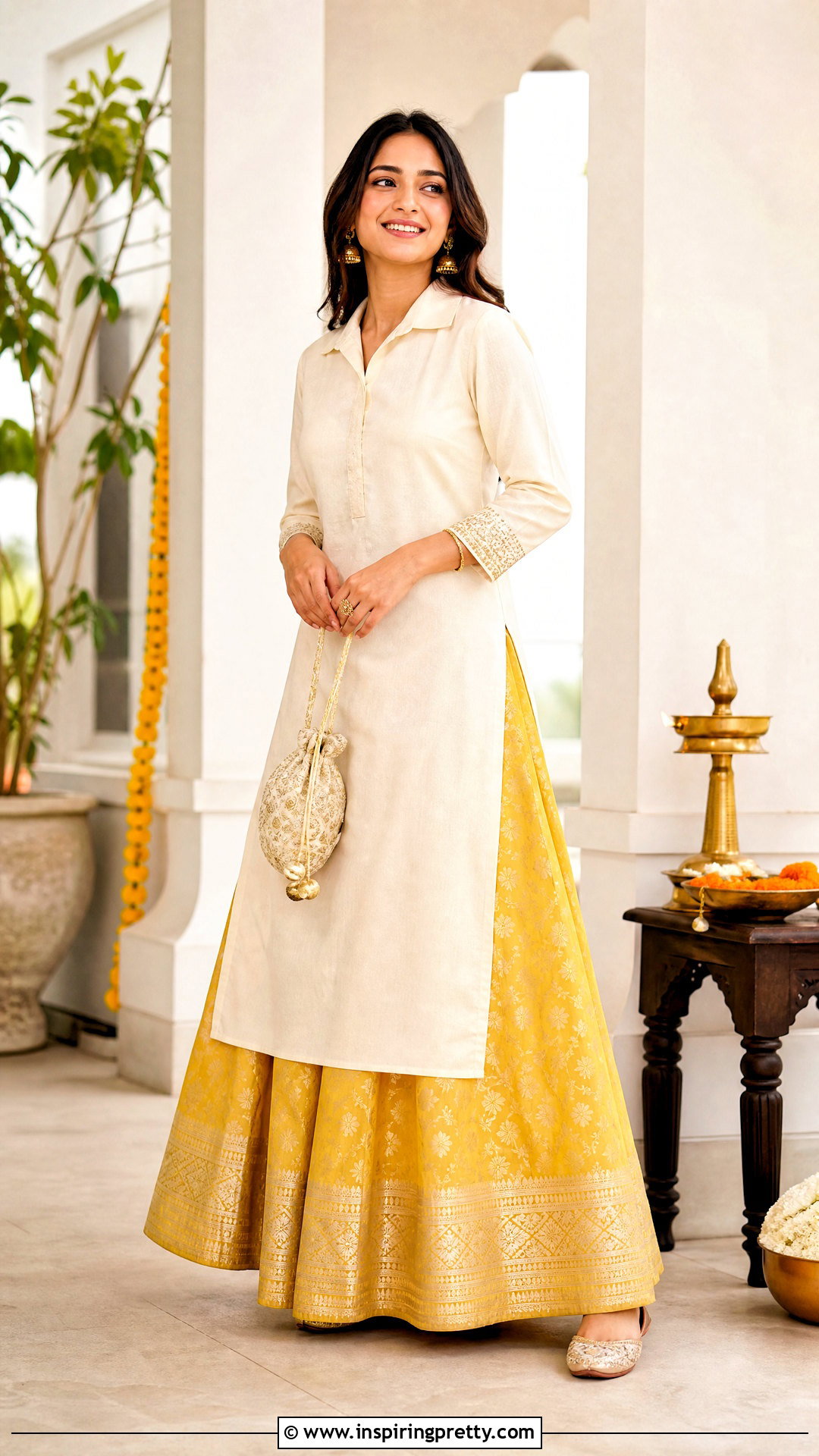 Yellow Banarasi Skirt With Collared Short Kurta - 50 banarasi skirt and top outfit ideas