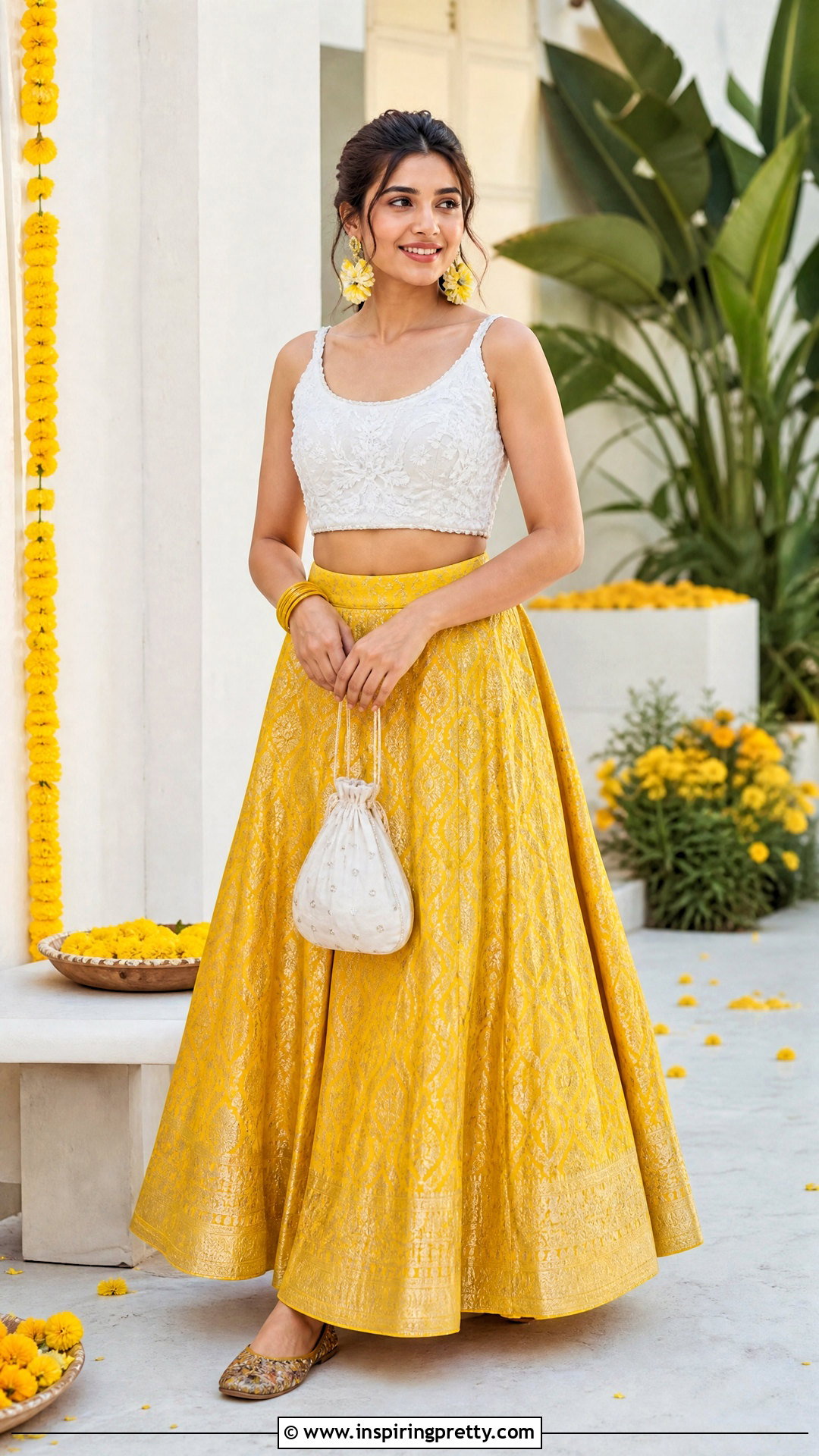 Yellow Banarasi Skirt With White Haldi Top - 50 banarasi skirt and top outfit ideas