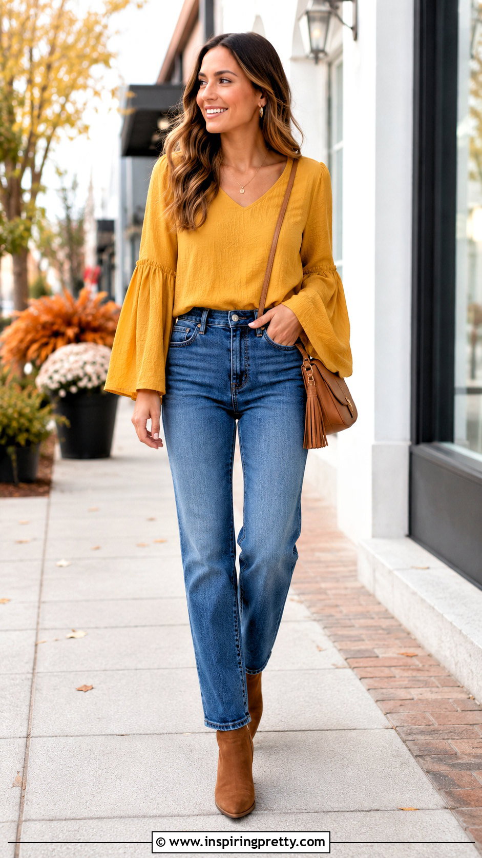Yellow Bell Sleeve Top With Blue Jeans - 50 bell sleeve top outfit ideas