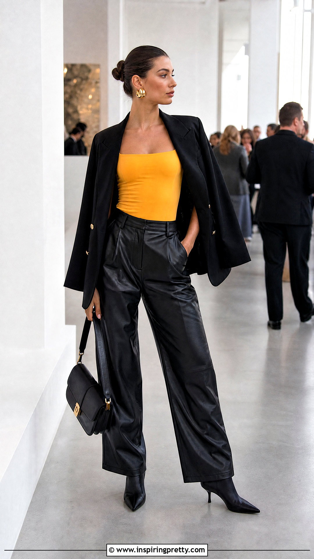 Yellow Bodysuit With Faux Leather Pants - 50 cute yellow tops outfit ideas