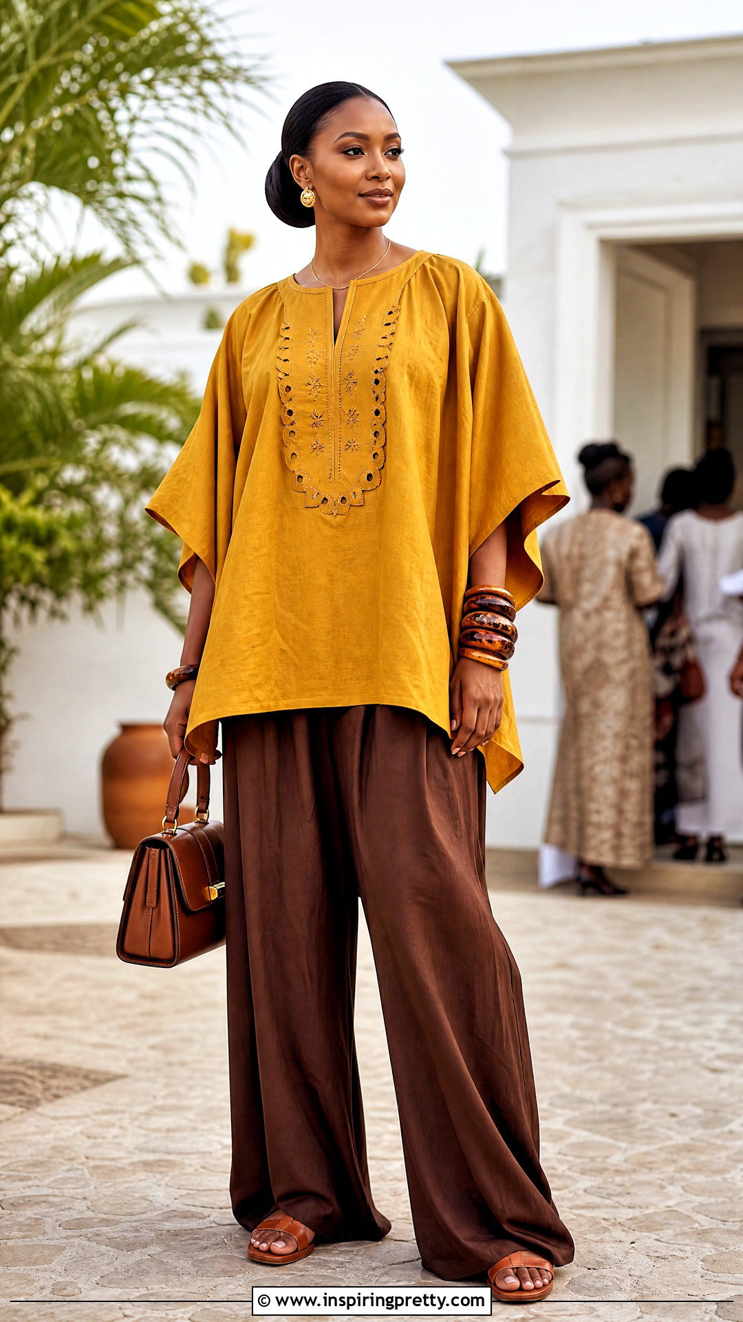 Yellow Bubu Top With Brown Pants - 50 bubu top style ideas
