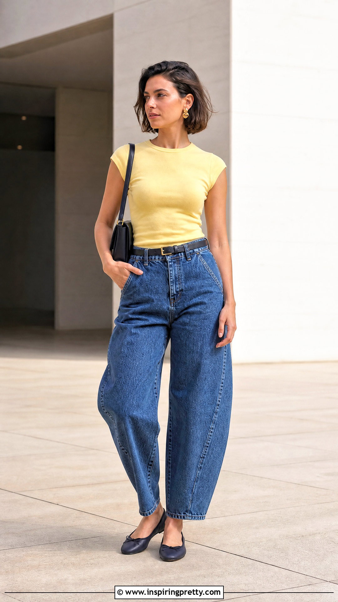 Yellow Cap Sleeve Top And Barrel Jeans - 50 yellow top and jeans outfit ideas