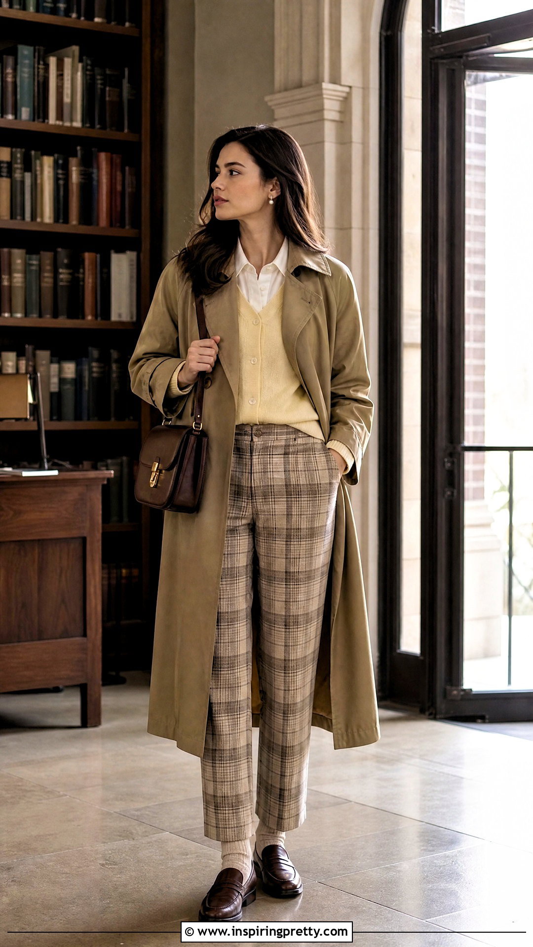 Yellow Cardigan With Plaid Trousers - 50 yellow top outfit aesthetic ideas