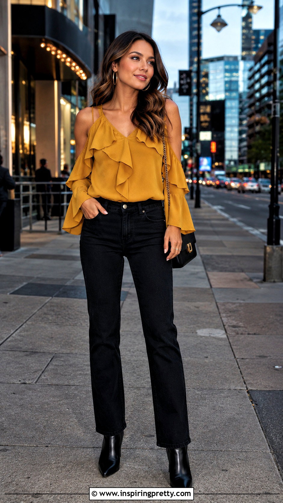 Yellow Cold Shoulder Top With Black Jeans - 20 yellow cold shoulder top outfit ideas