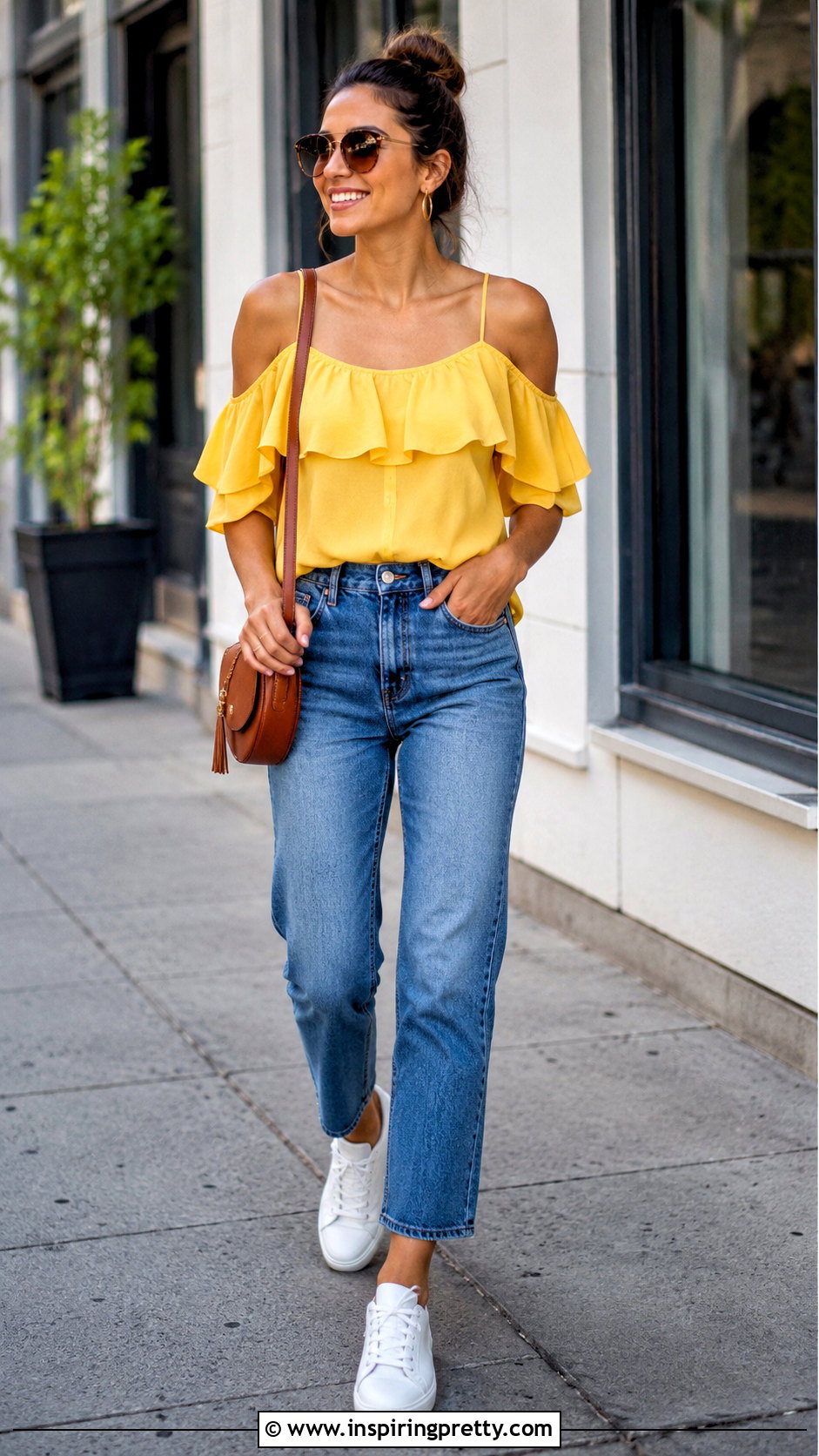 Yellow Cold Shoulder Top With Blue Jeans - 20 yellow cold shoulder top outfit ideas
