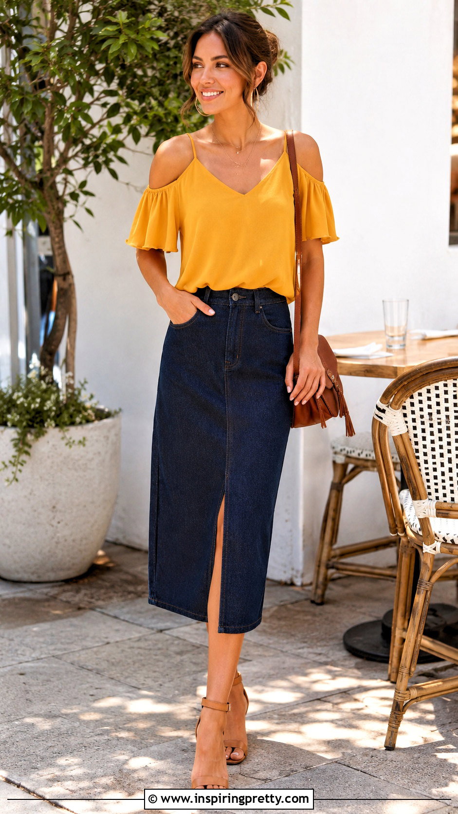 Yellow Cold Shoulder Top With Denim Midi Skirt - 20 yellow cold shoulder top outfit ideas