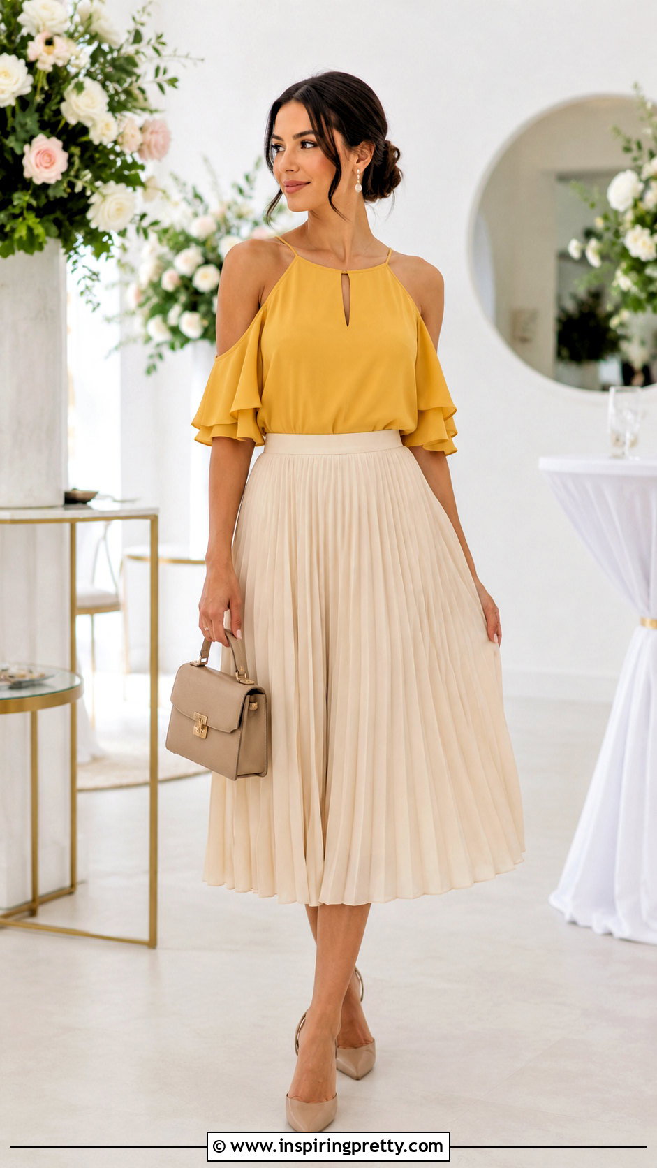 Yellow Cold Shoulder Top With Pleated Skirt - 20 yellow cold shoulder top outfit ideas