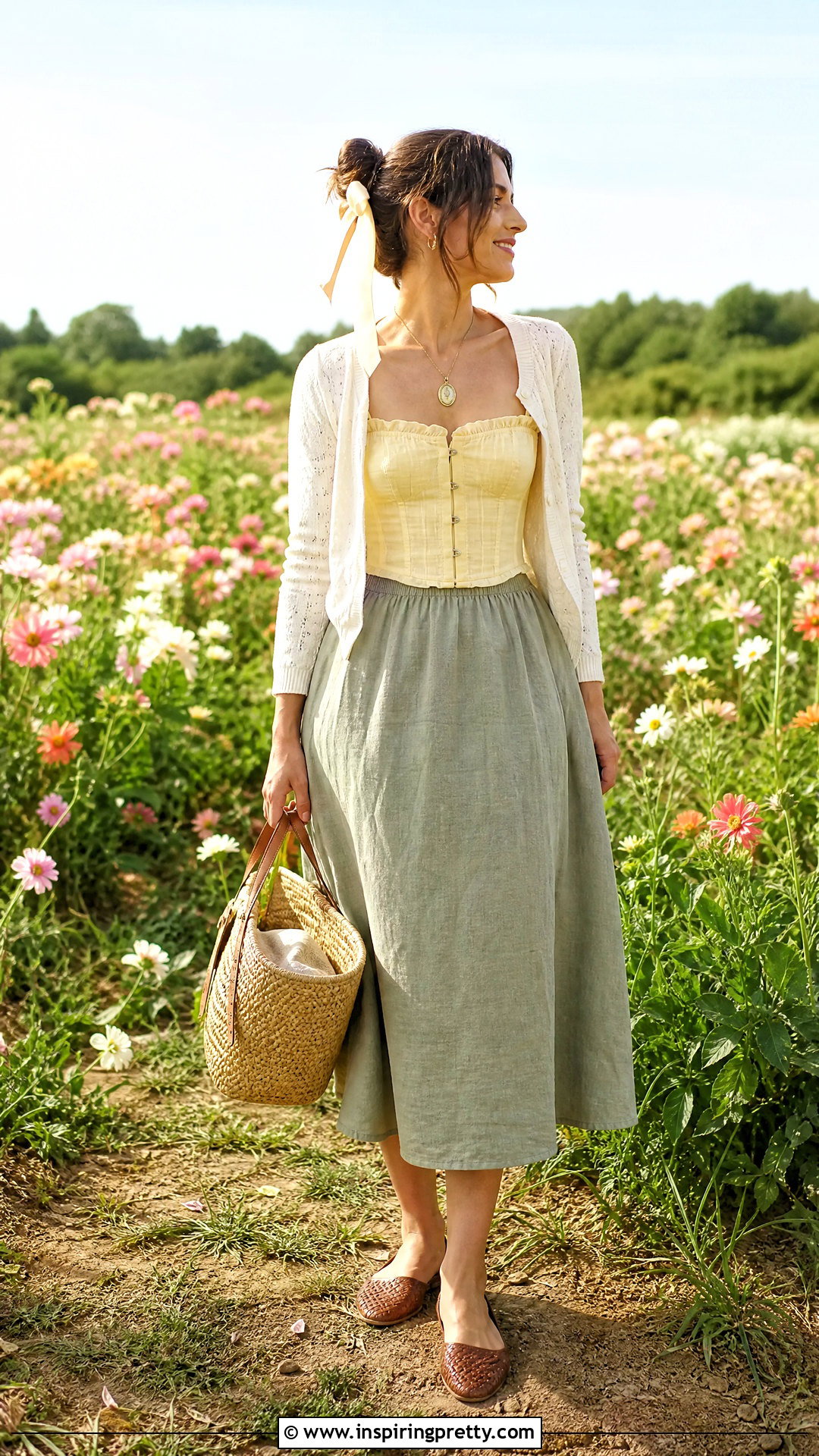 Yellow Corset Top With Green Midi Skirt - 25 corset top outfit cottagecore ideas