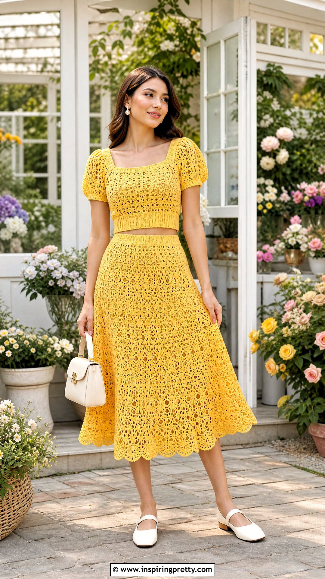 Yellow Crochet Puff Sleeve Top And A Line Skirt Outfit - 20 yellow crochet top and skirt set outfit ideas