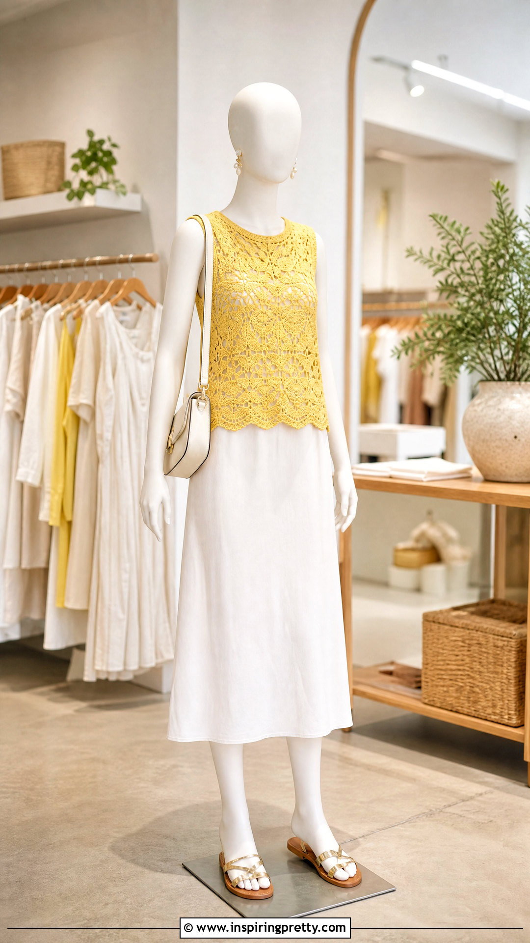 Yellow Crochet Top Over A White Slip Dress - 20 yellow crochet top on mannequin outfit ideas