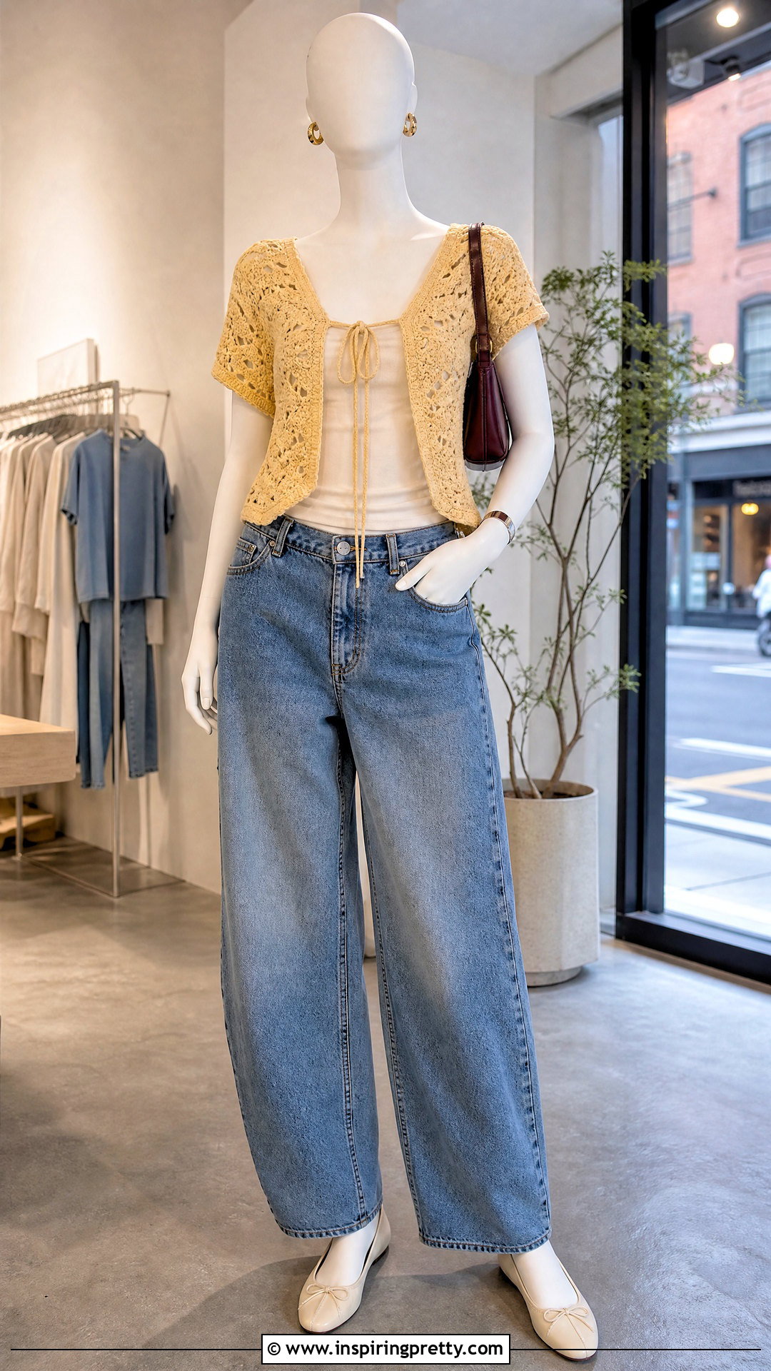 Yellow Crochet Top With Barrel Leg Jeans - 20 yellow crochet top on mannequin outfit ideas