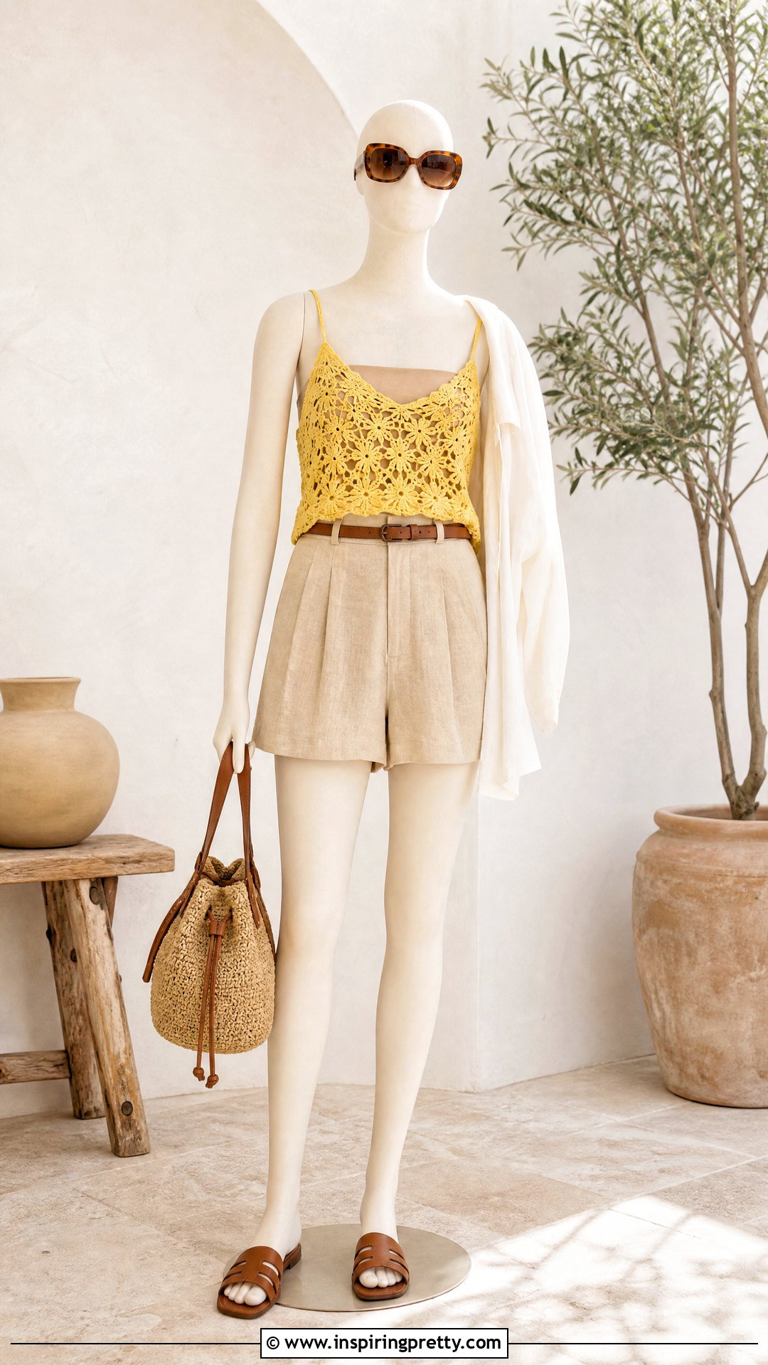 Yellow Crochet Top With Beige Linen Shorts - 20 yellow crochet top on mannequin outfit ideas