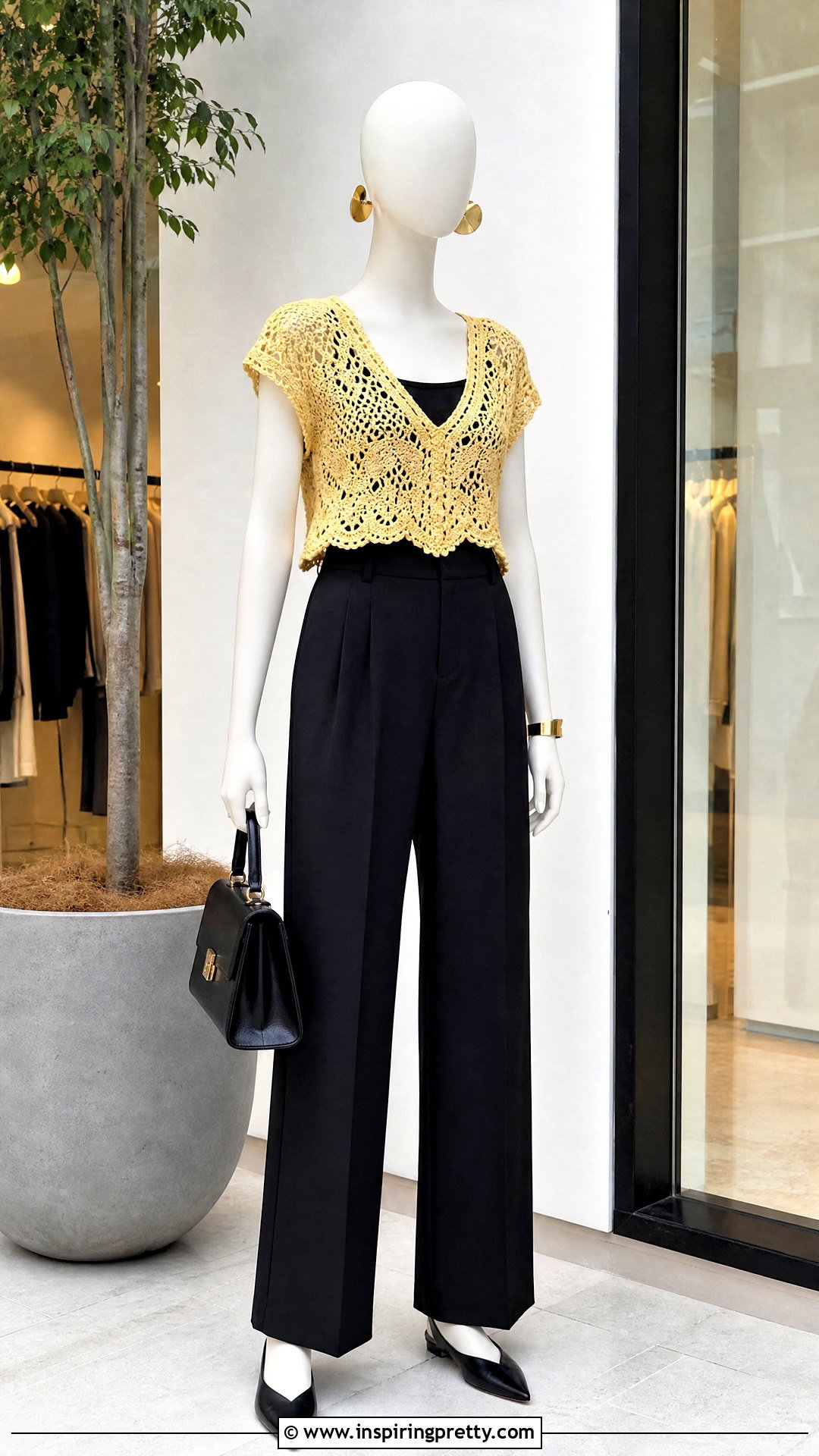 Yellow Crochet Top With Black Tailored Trousers - 20 yellow crochet top on mannequin outfit ideas