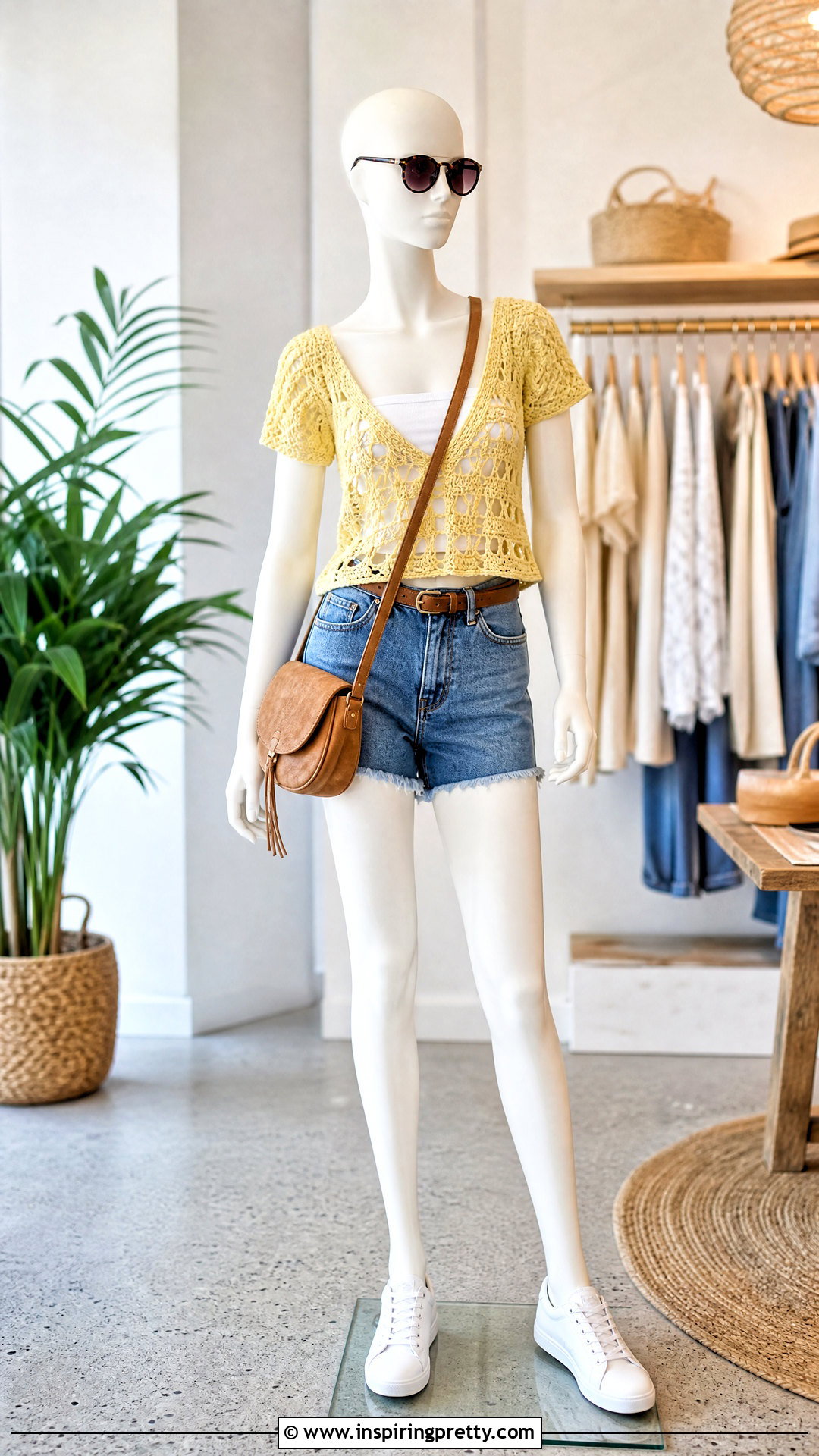 Yellow Crochet Top With Blue Denim Shorts - 20 yellow crochet top on mannequin outfit ideas