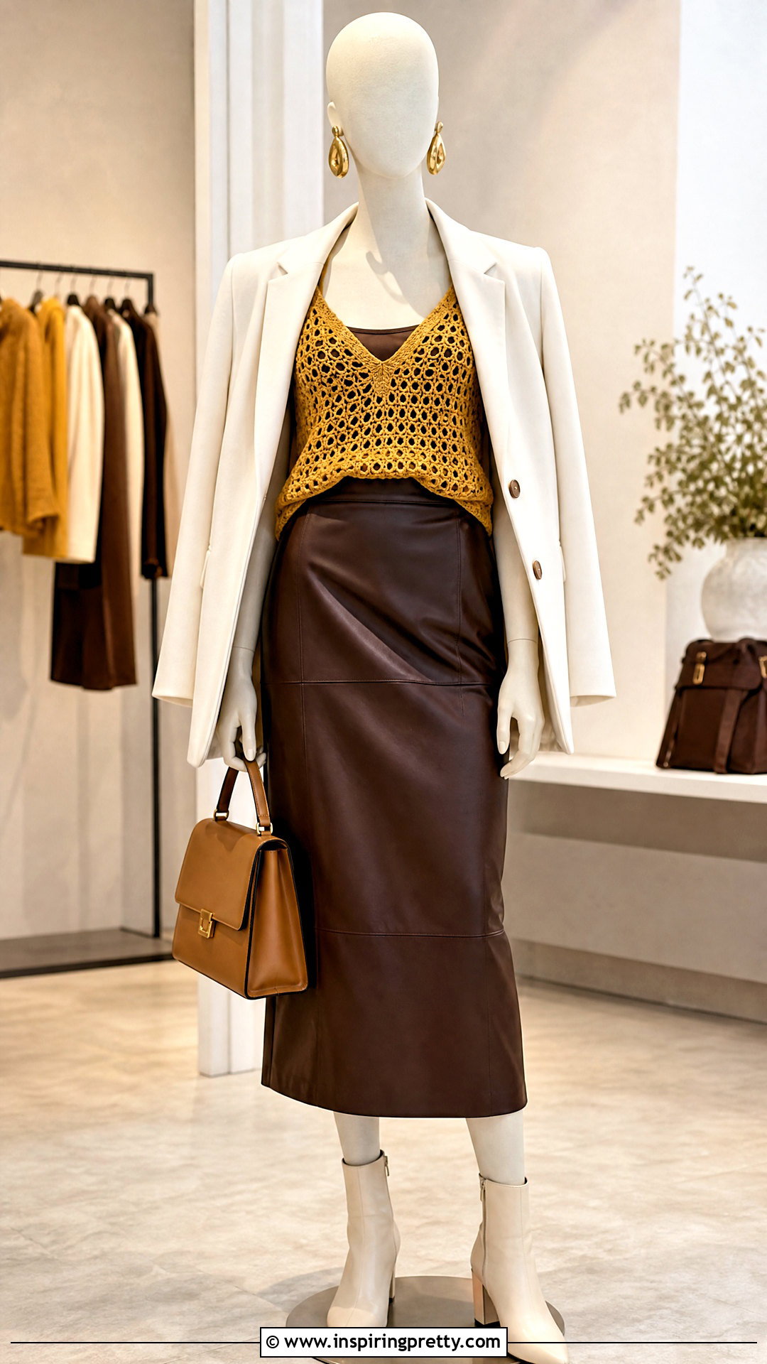 Yellow Crochet Top With Brown Faux Leather Skirt - 20 yellow crochet top on mannequin outfit ideas
