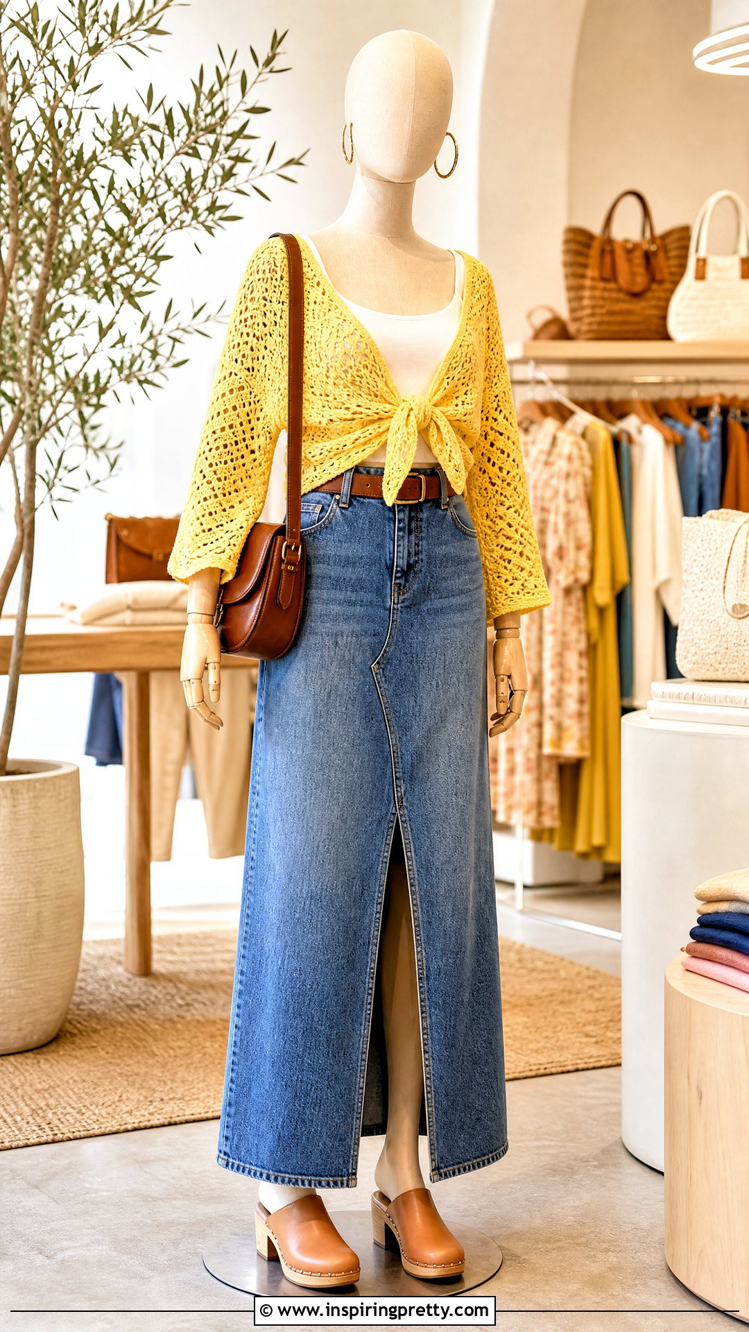 Yellow Crochet Top With Denim Maxi Skirt - 20 yellow crochet top on mannequin outfit ideas