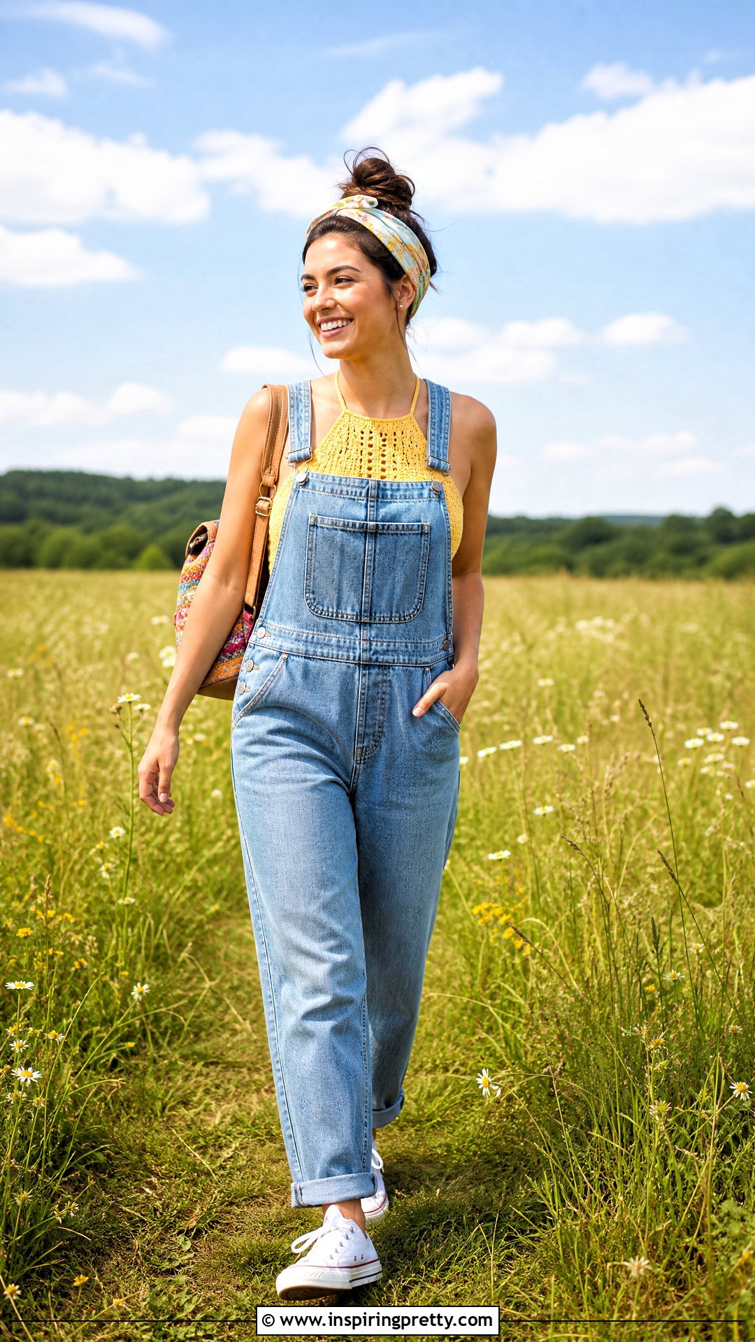 Yellow Crochet Top With Denim Overalls - 20 crochet top on grass outfit ideas
