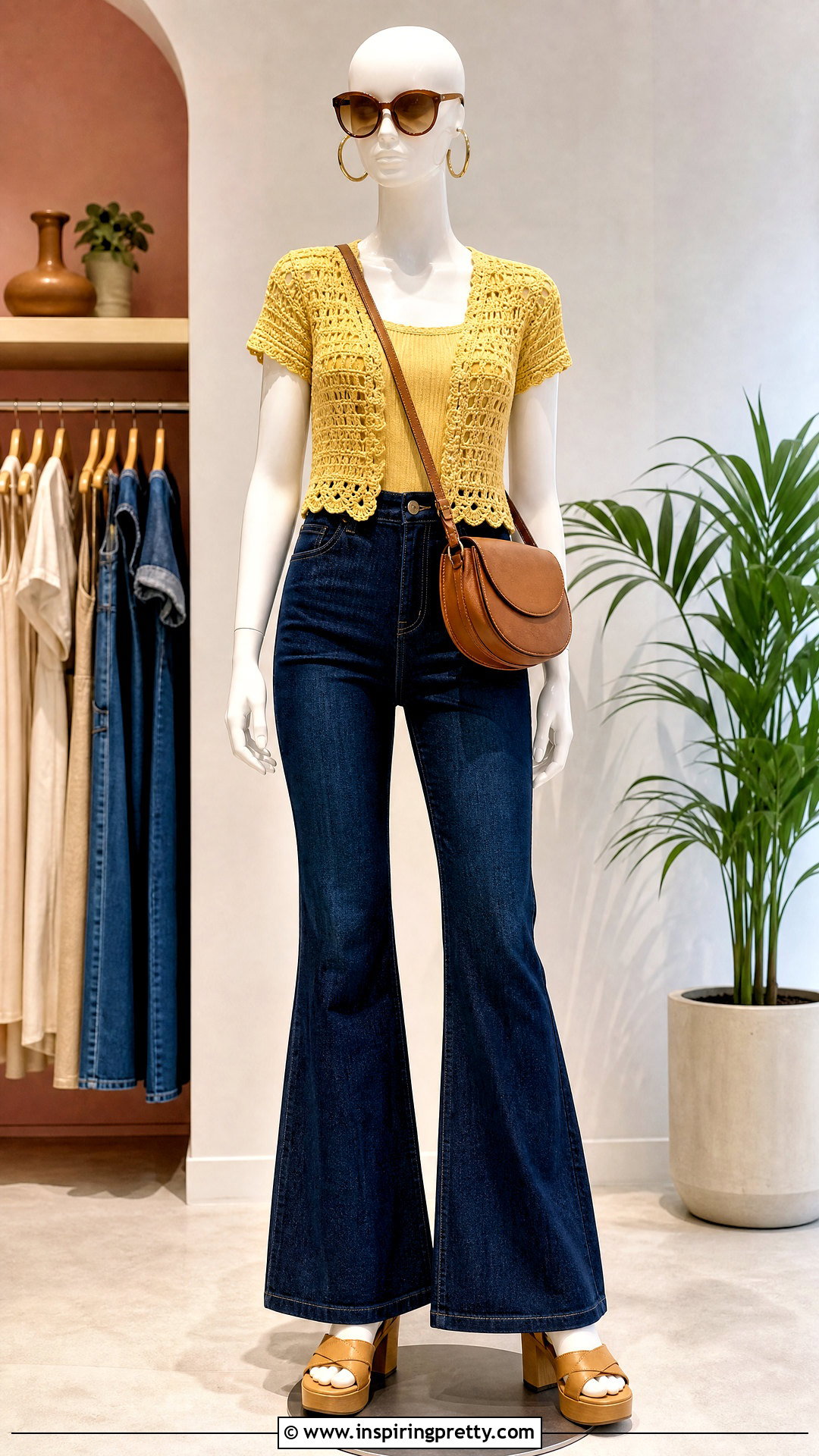 Yellow Crochet Top With Flared Jeans - 20 yellow crochet top on mannequin outfit ideas
