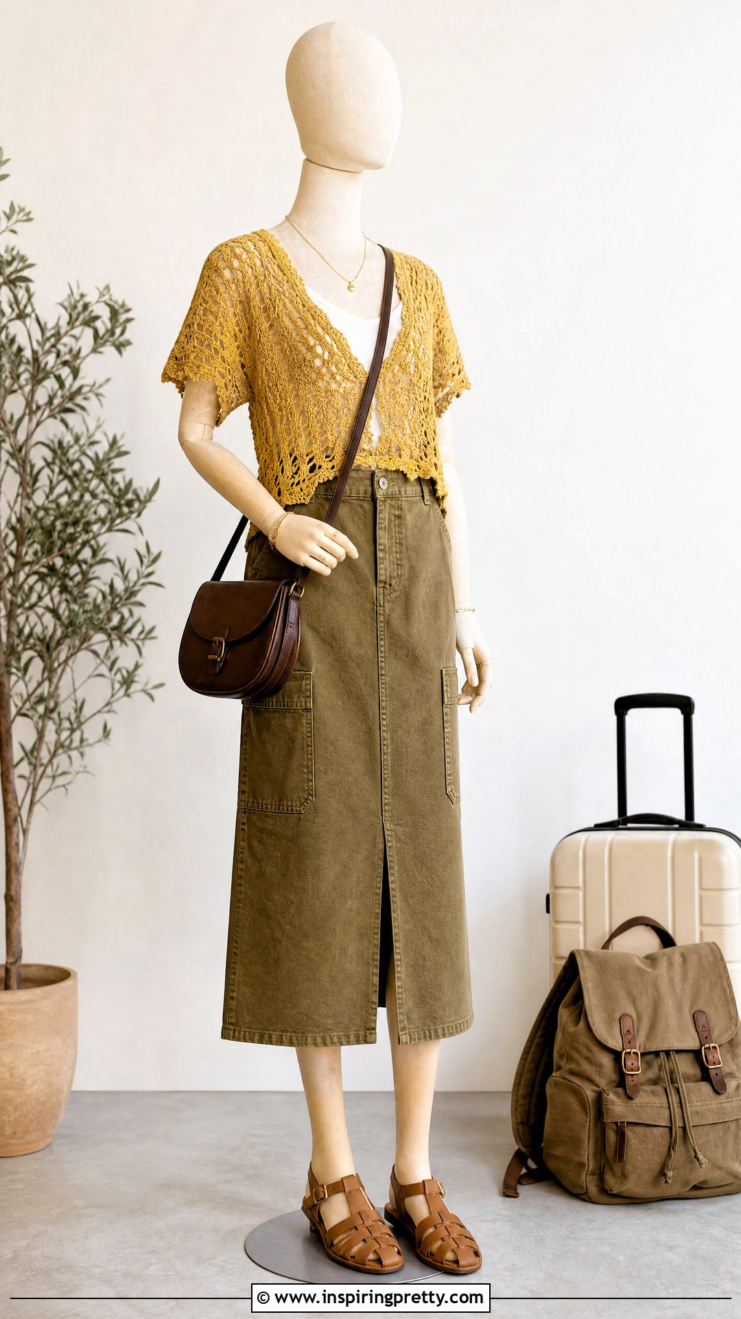 Yellow Crochet Top With Khaki Utility Skirt - 20 yellow crochet top on mannequin outfit ideas