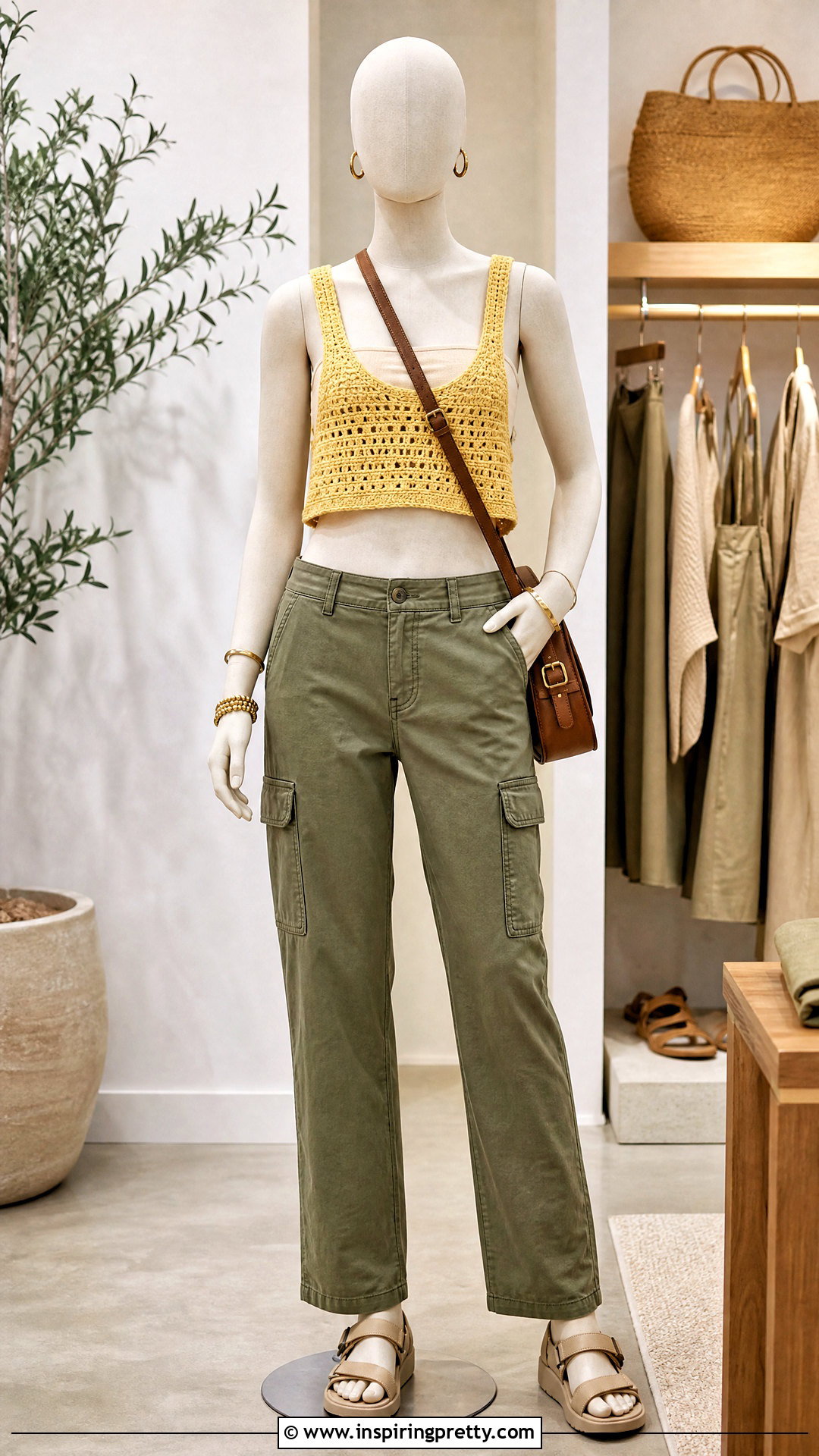 Yellow Crochet Top With Olive Cargo Pants - 20 yellow crochet top on mannequin outfit ideas