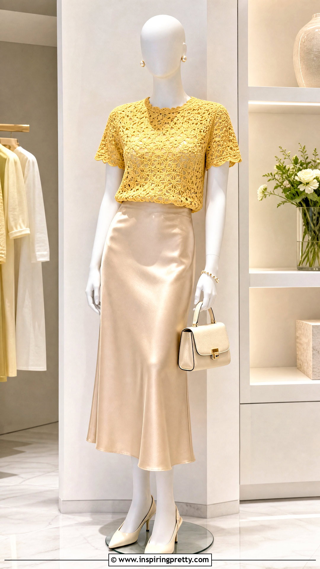 Yellow Crochet Top With Satin Midi Skirt - 20 yellow crochet top on mannequin outfit ideas