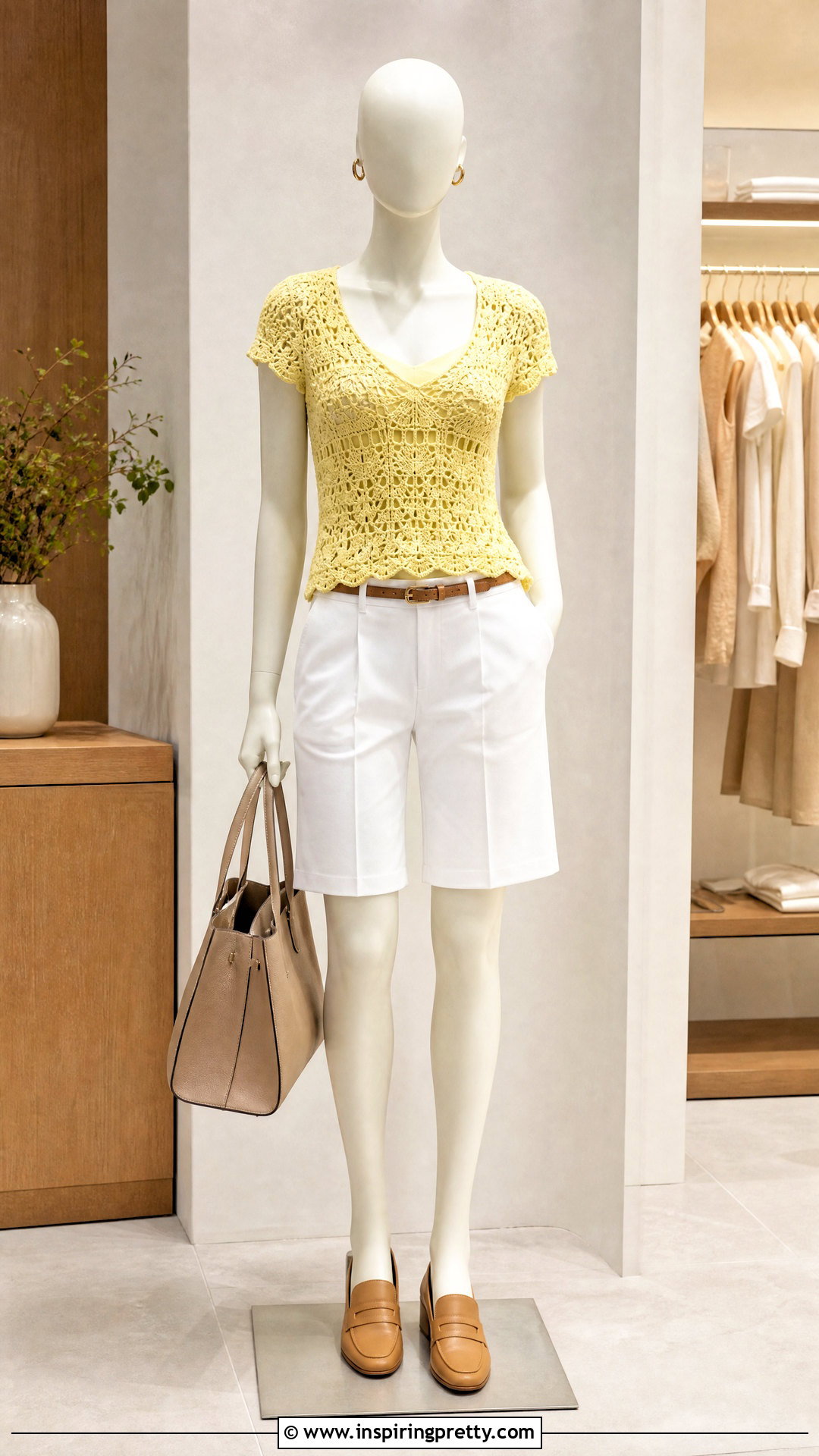 Yellow Crochet Top With White Bermuda Shorts - 20 yellow crochet top on mannequin outfit ideas