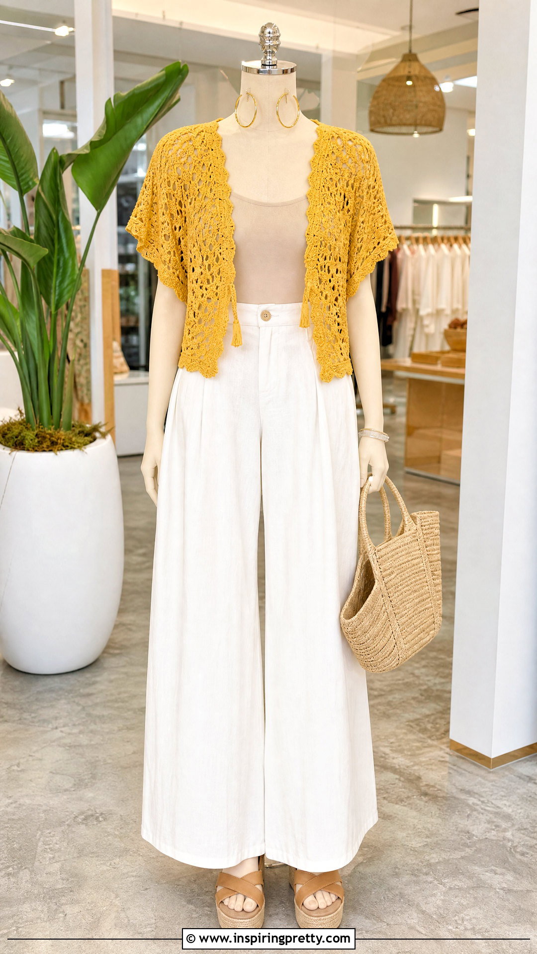 Yellow Crochet Top With White Wide Leg Pants - 20 yellow crochet top on mannequin outfit ideas
