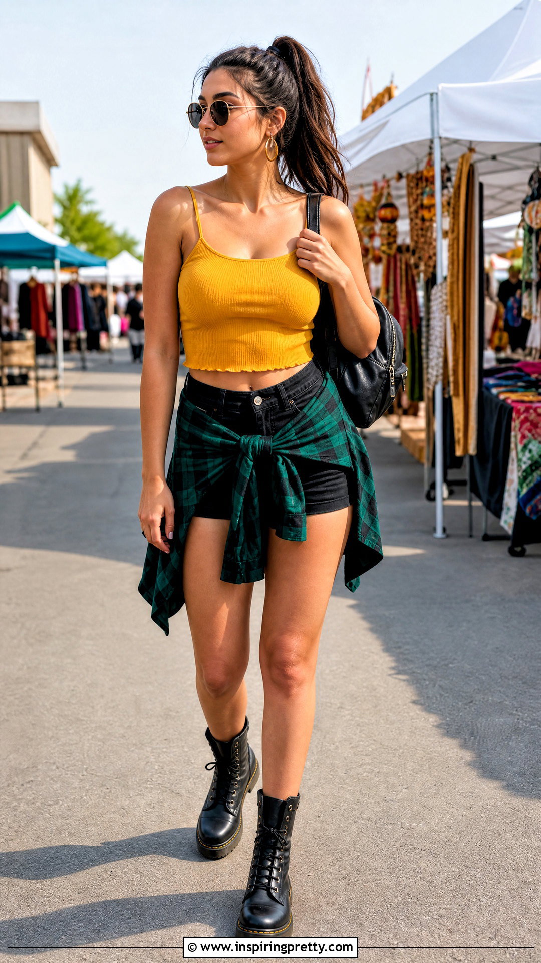 Yellow Crop Top Black Shorts And Green Flannel Outfit - 20 Shorts Crop Top And Flannels
