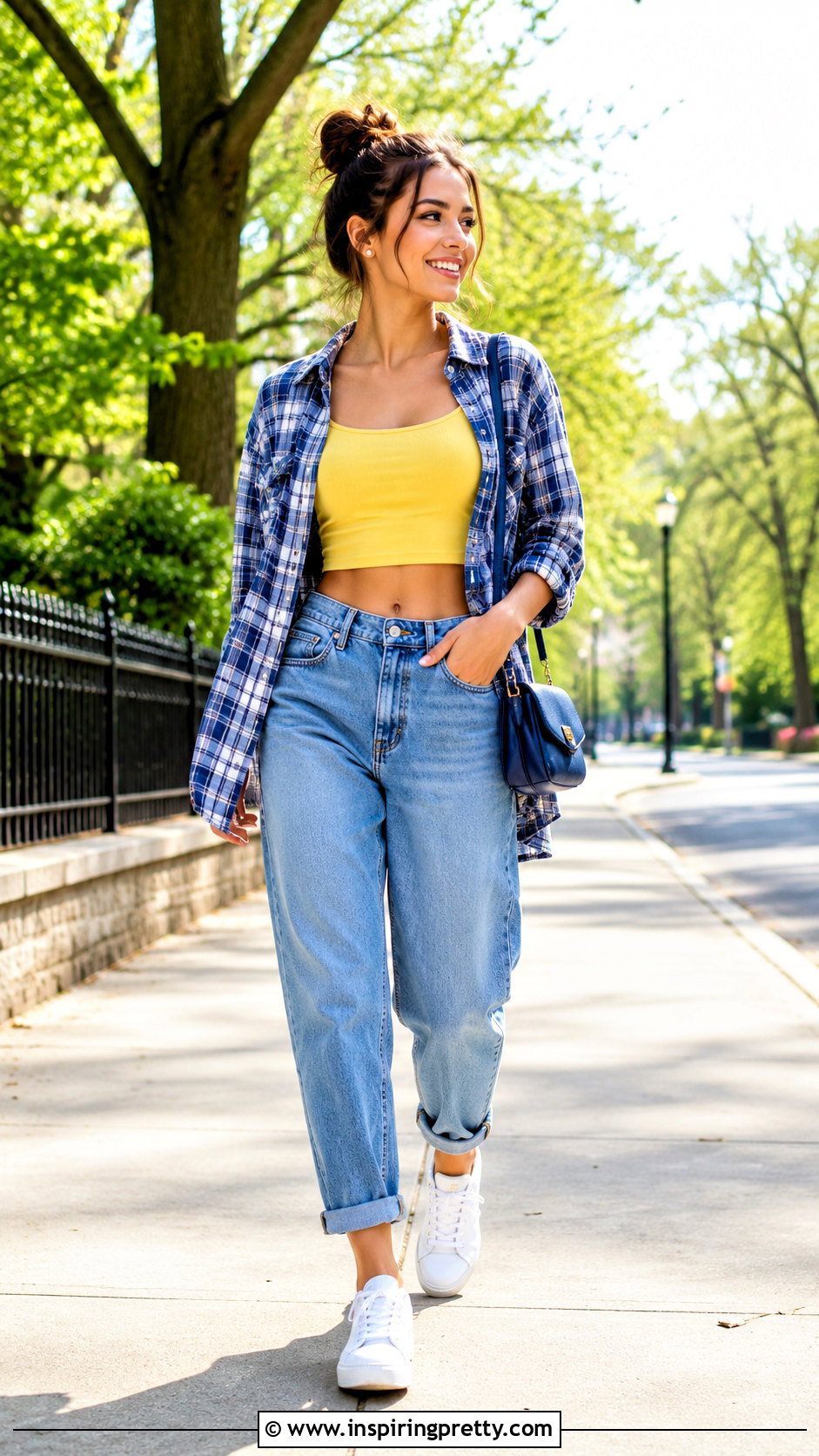 Yellow Crop Top Blue Flannel and Boyfriend Jeans - 25 crop top flannel outfits jeans