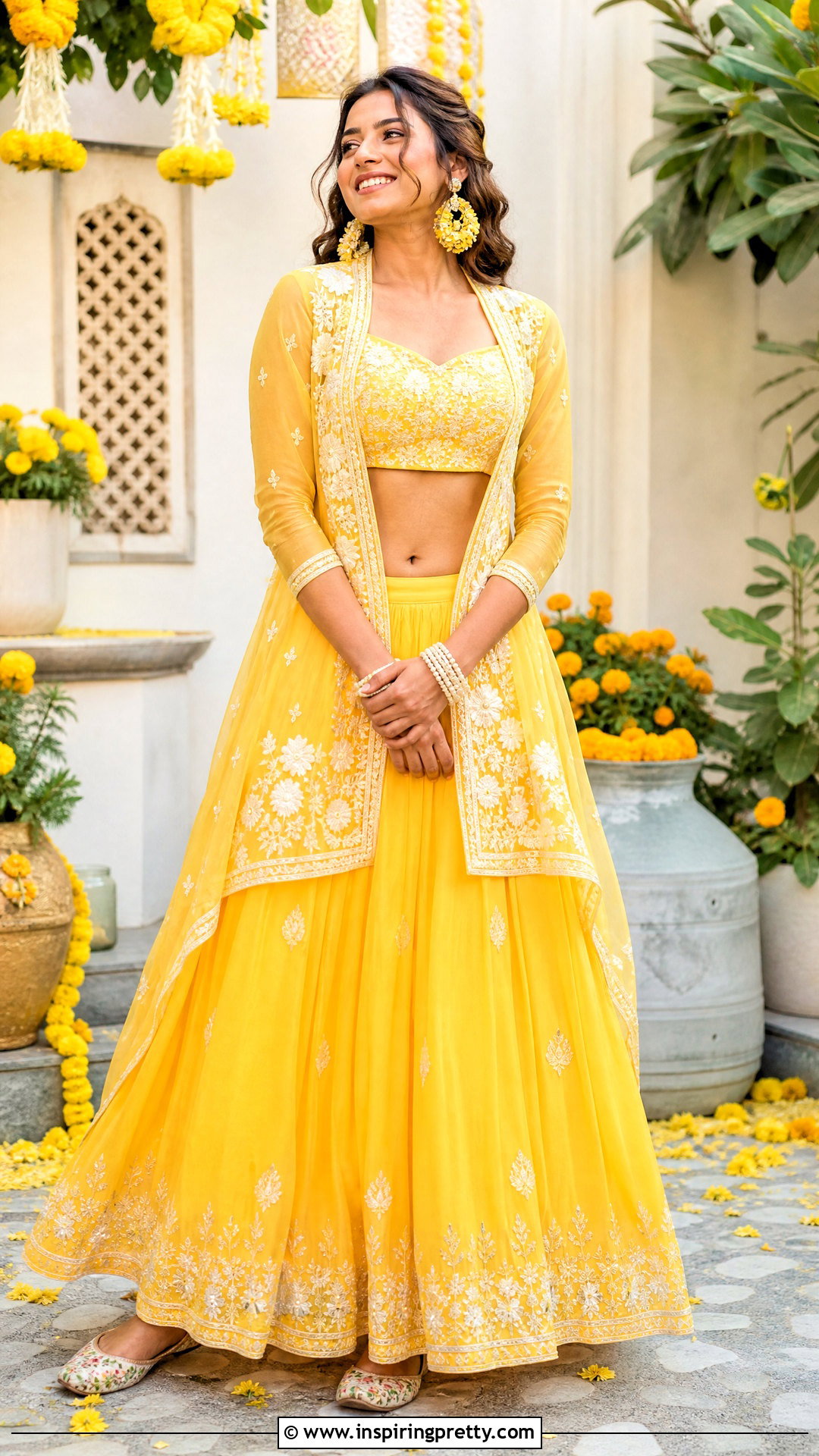 Yellow Crop Top Lehenga With Sheer Jacket - 50 crop top lehenga with jacket outfit ideas