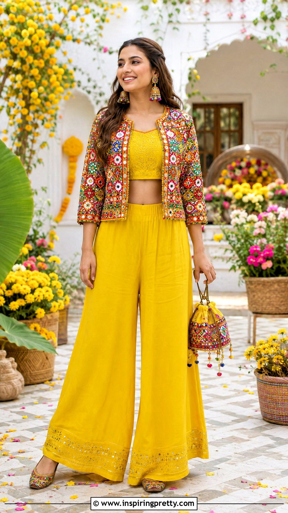 Yellow Crop Top Palazzo With Mirror Work Jacket - 25 crop top palazzo with jacket indian outfit ideas