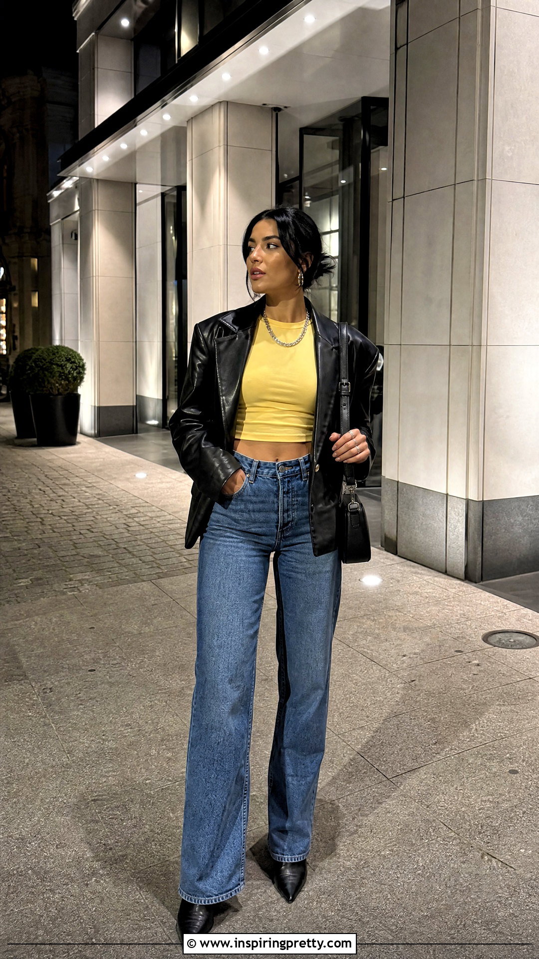 Yellow Crop Top With A Leather Jacket And Jeans - 50 yellow crop top outfit ideas
