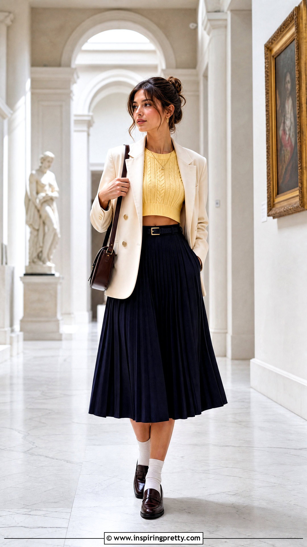Yellow Crop Top With A Pleated Midi Skirt And Loafers - 50 yellow crop top outfit ideas