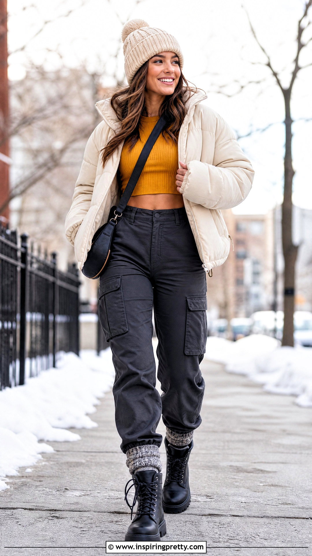 Yellow Crop Top With A Puffer Jacket And Cargo Pants - 50 yellow crop top outfit ideas
