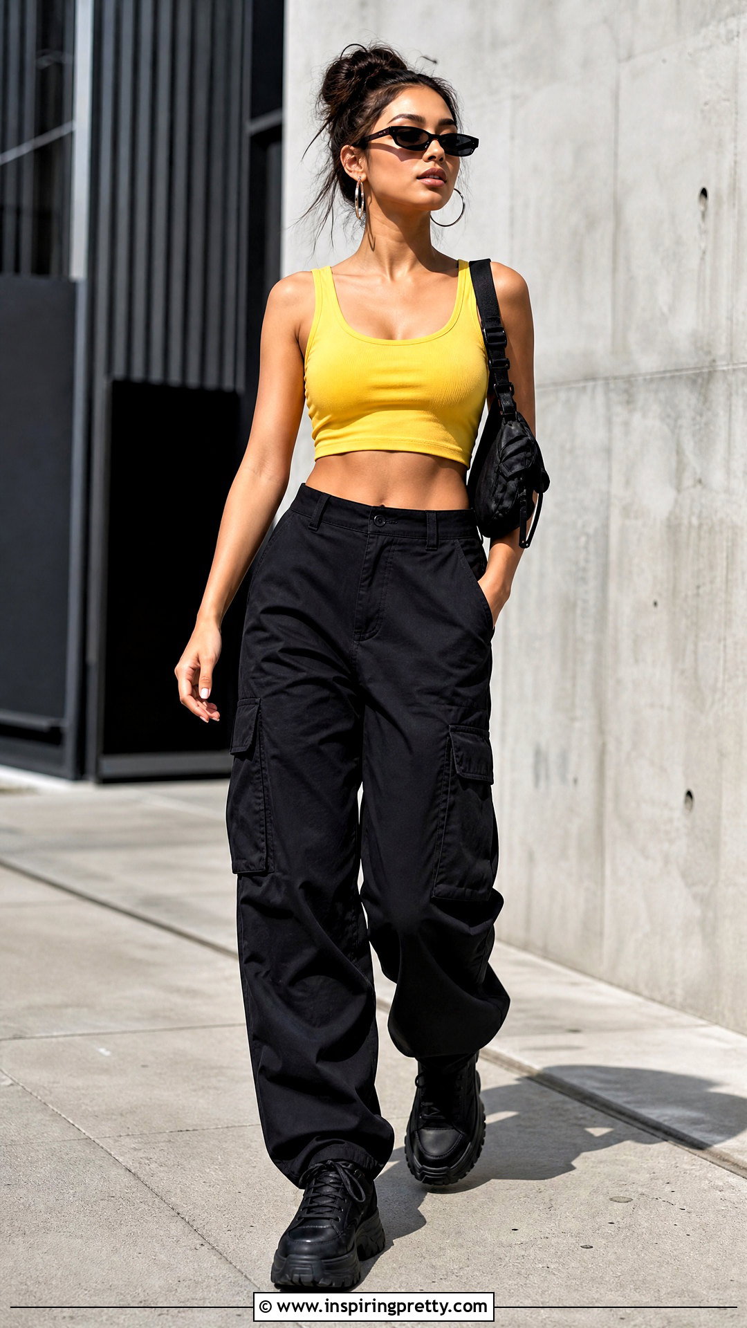 Yellow Crop Top With Black Cargo Pants - 50 yellow crop top outfit ideas