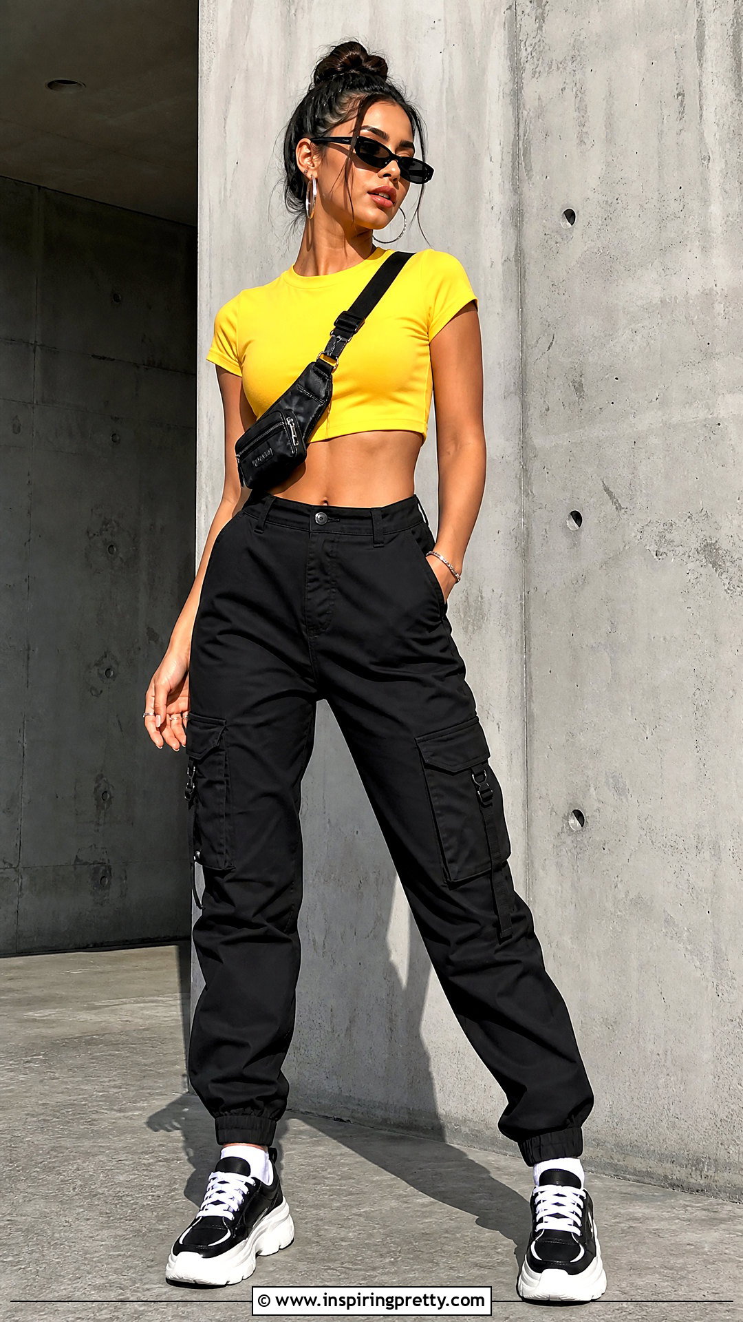 Yellow Crop Top With Black Cargo Pants - 20 aesthetic yellow crop top outfit ideas