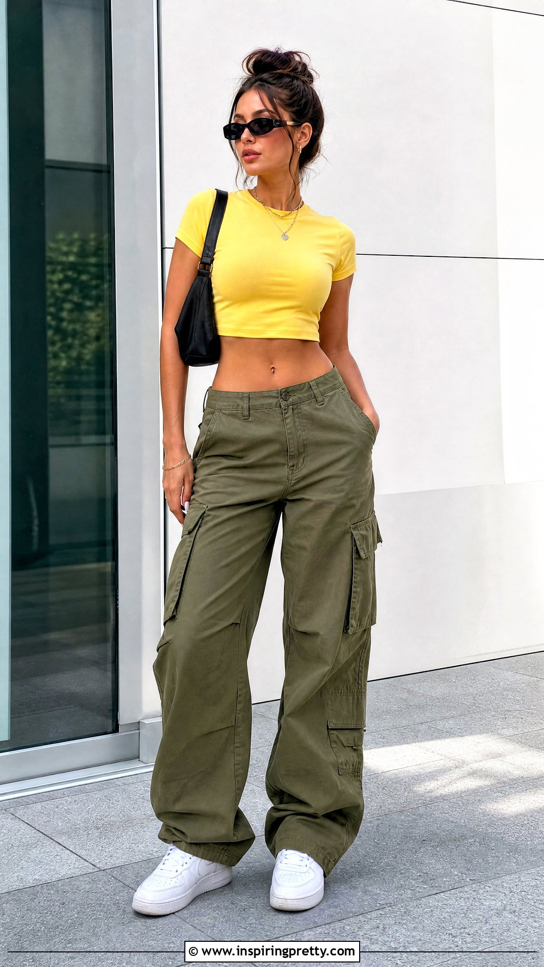 Yellow Crop Top With Cargo Pants - 50 cute yellow tops outfit ideas