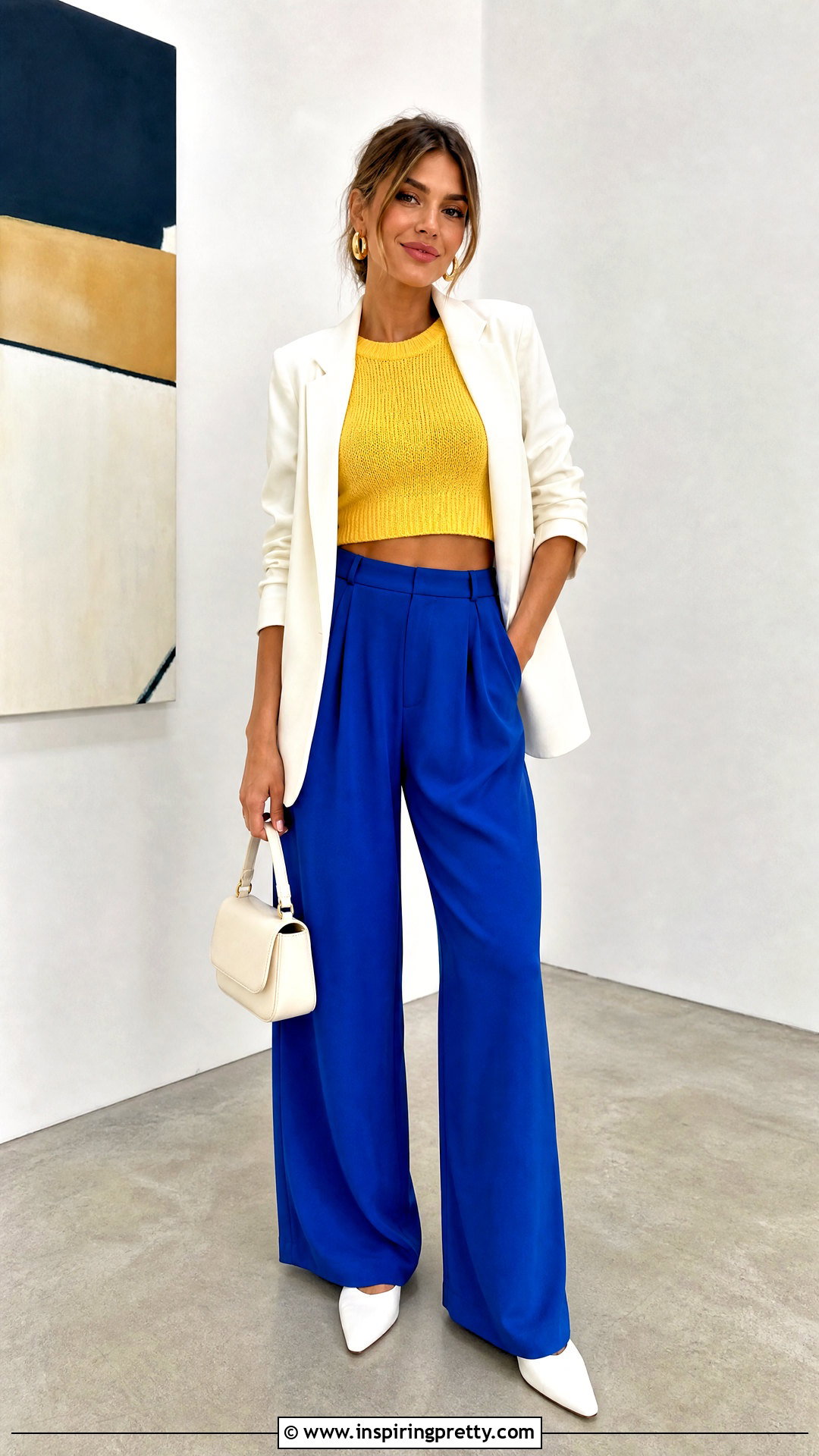 Yellow Crop Top With Cobalt Blue Pants - 50 yellow crop top outfit ideas