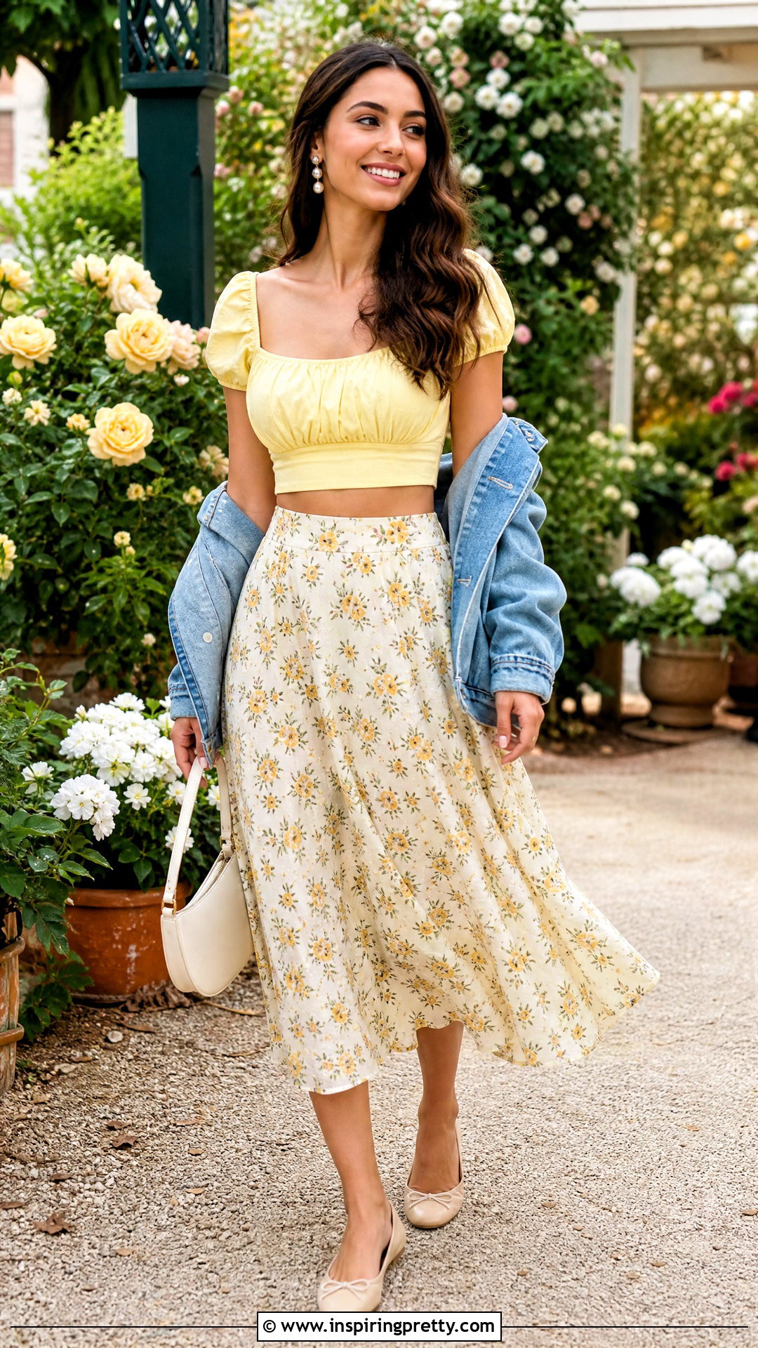 Yellow Crop Top With Floral Midi Skirt - 20 aesthetic yellow crop top outfit ideas