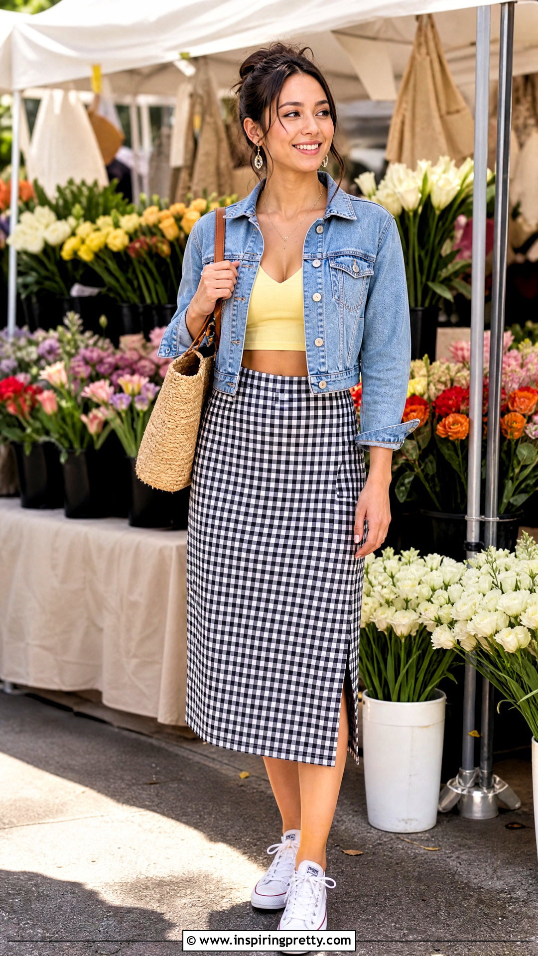 Yellow Crop Top With Gingham Midi Skirt - 20 aesthetic yellow crop top outfit ideas