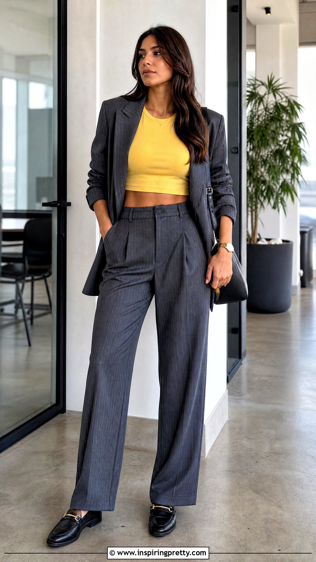 Yellow Crop Top With Pinstripe Trousers - 50 yellow crop top outfit ideas