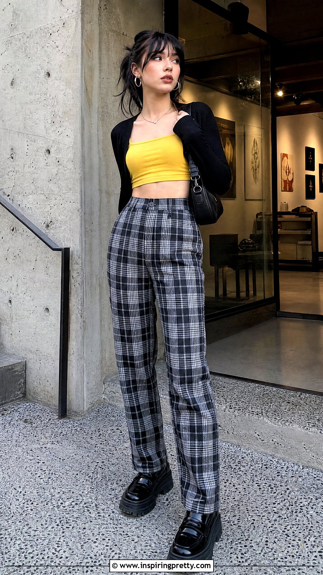 Yellow Crop Top With Plaid Pants And Platform Shoes - 50 yellow crop top outfit ideas